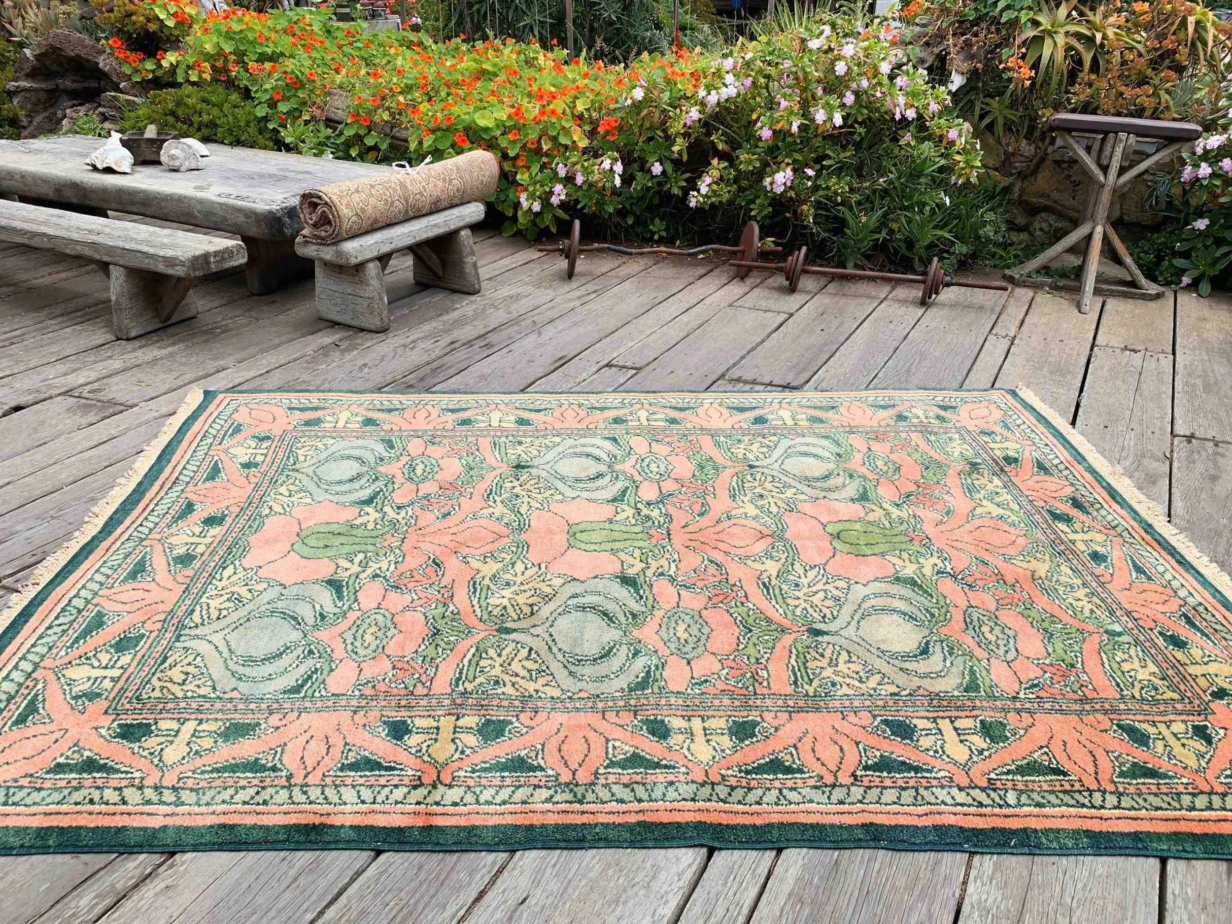 Steelman Rugs — Vintage Turkish Donegal Rug 6’7”x9’7” Peach Jade Green Teal  Arts and Crafts, image size:2500x1875