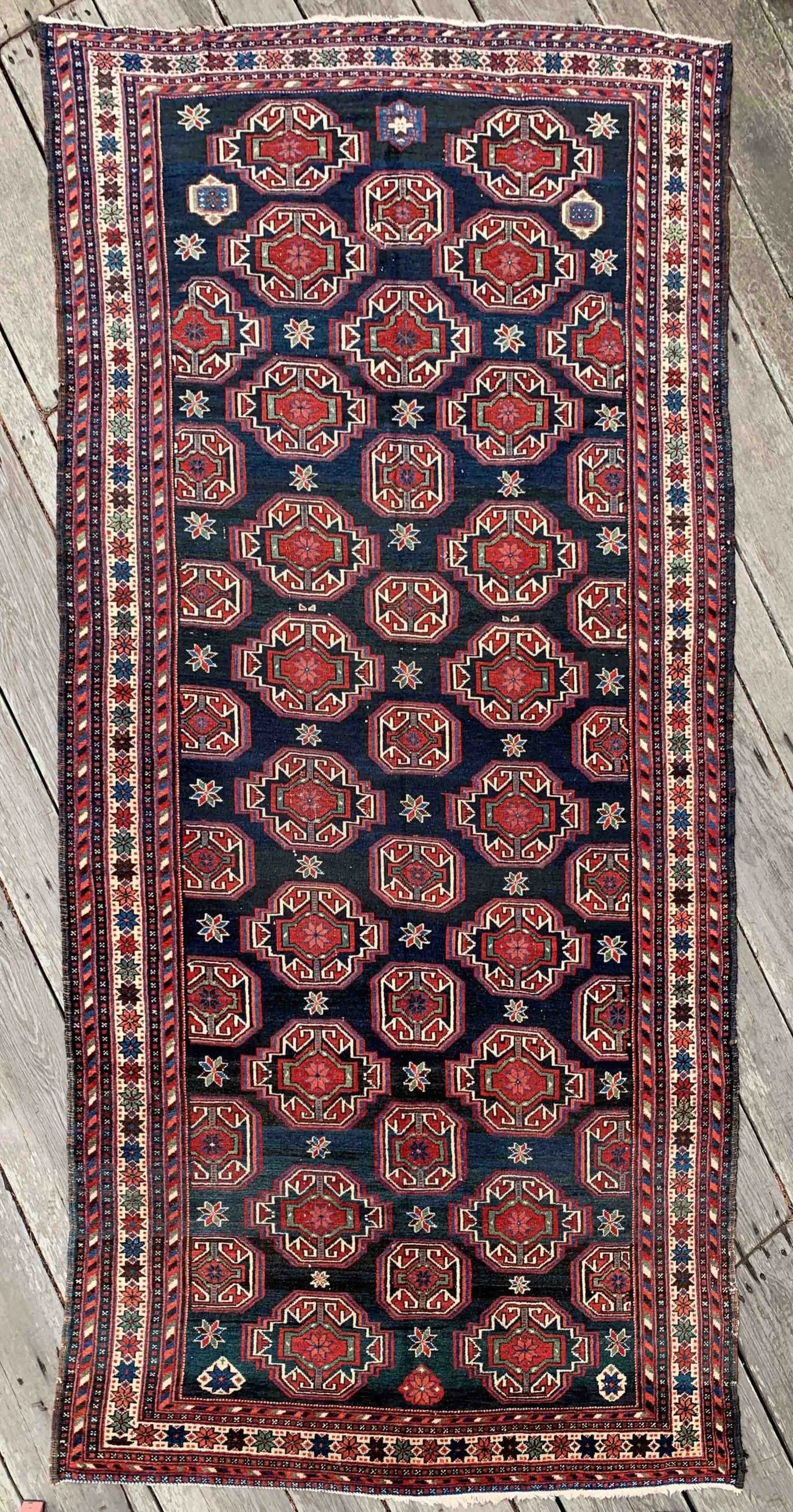 Antique Persian Varamin Tribal Rug 6’0”x12’5” Navy Blue Sage Crimson
