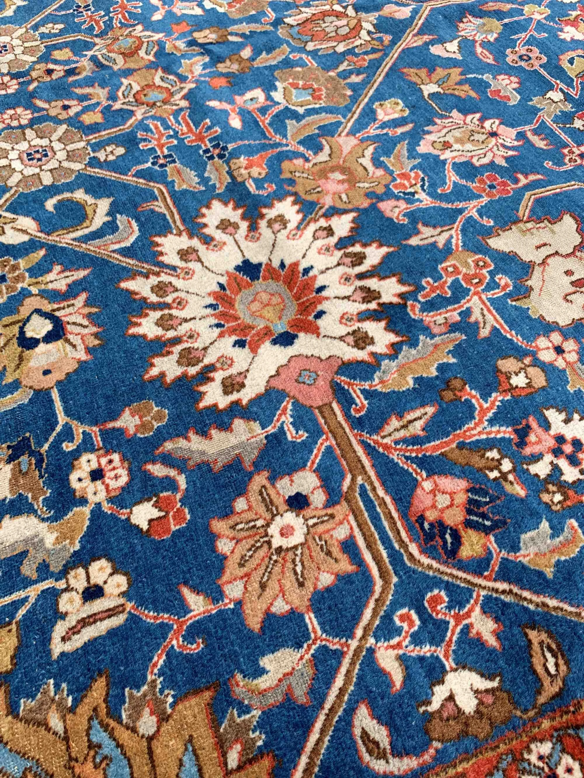 Steelman Rugs — Vintage Persian Tabriz Rug 9'5"x12'4" French Blue Cream Gold Botanical Landscape