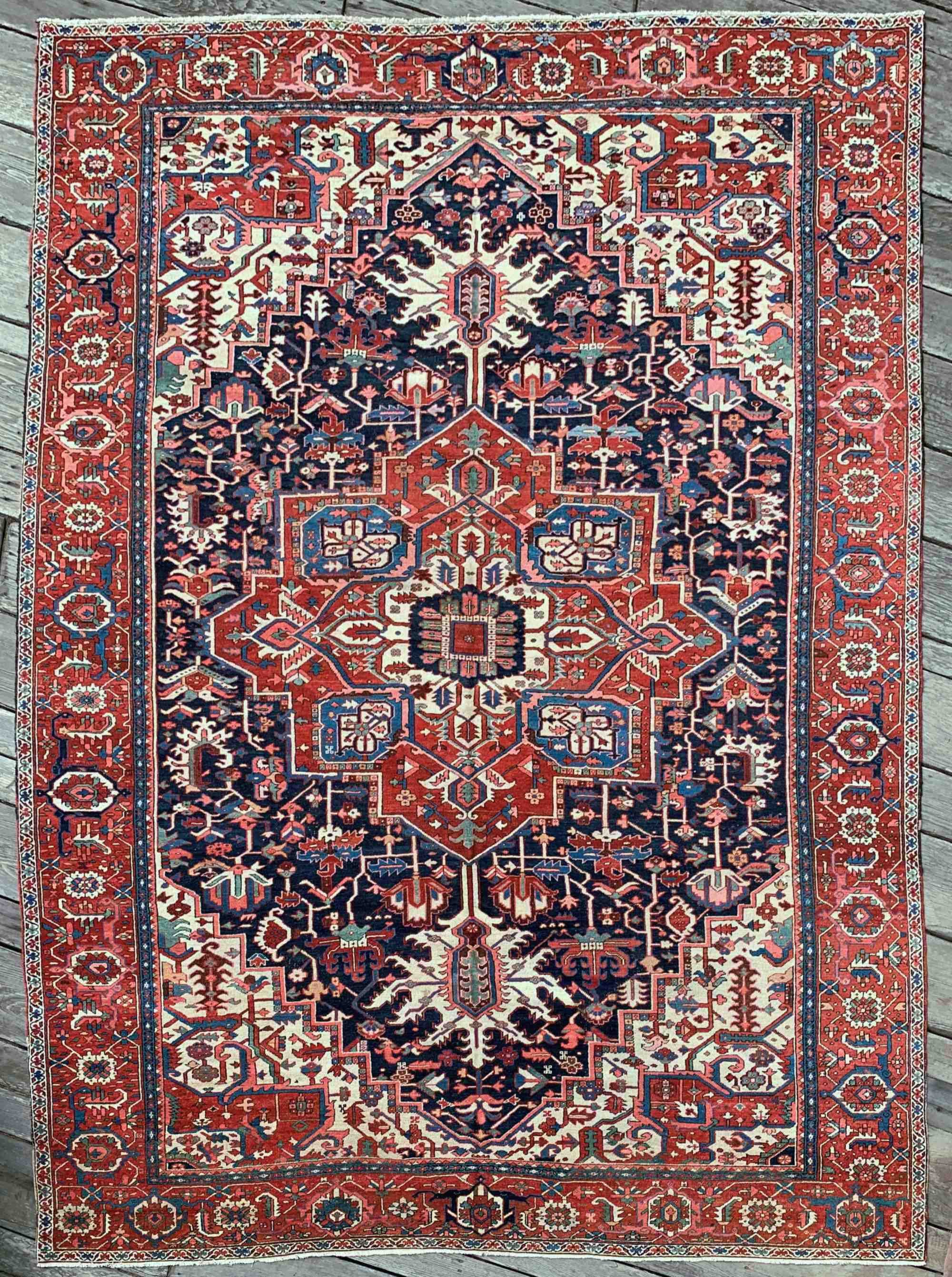 Antique Heriz Serapi Rug 9'8"x13'5" Exquisite Navy Blue Cream Cherry Red