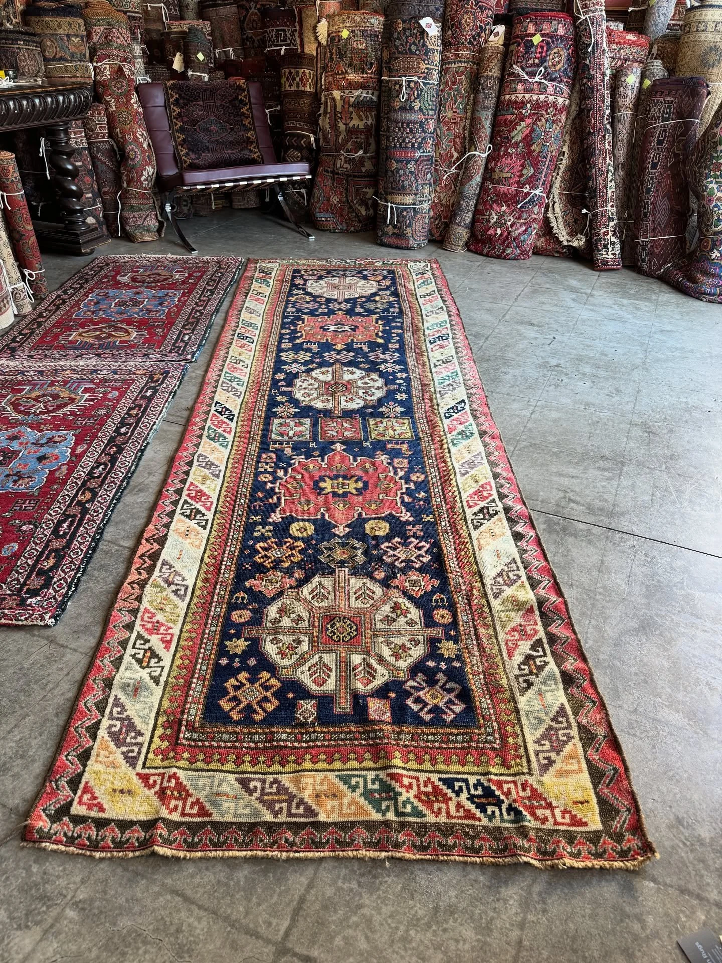 Four very different rugs, all beautiful of course. 
1. Caucasian Baku or Genji runner 3&rsquo;5&rdquo;x10&rsquo;7&rdquo;
2. Pair of accent rugs from Karaja  2&rsquo;8&rdquo;x4&rsquo;5&rdquo;
3. Caucasian Kuba runner 3&rsquo;8&rdquo;x11&rsquo;10&rdquo