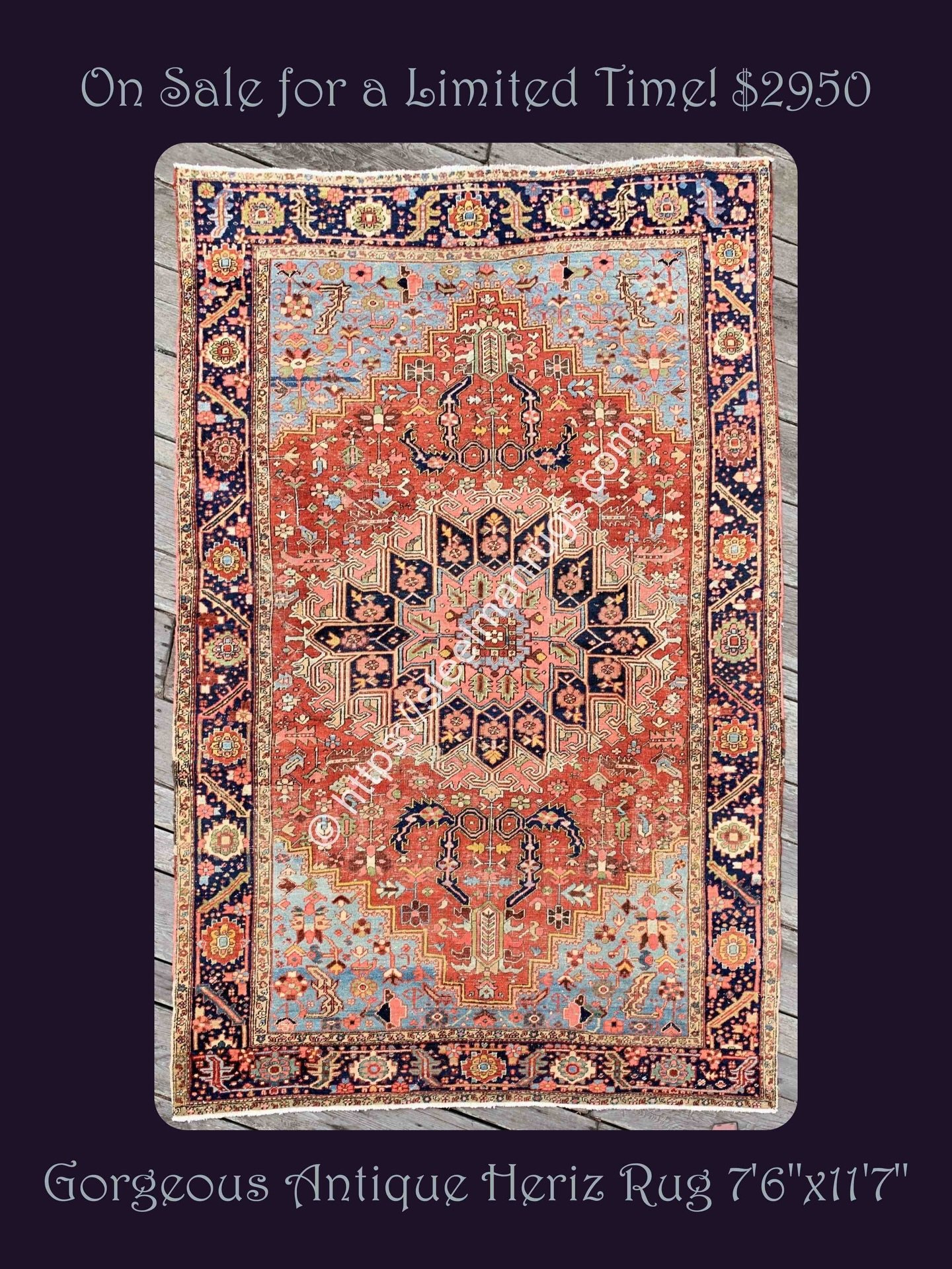 The hits keep coming! Folks, do not pass this Heriz up. Incredible rug - incredible price. You can find it in the Medium Room Size section on our website. Link in bio. Full description below.

Rug No. 122325

Antique Persian Heriz rug with a stained 