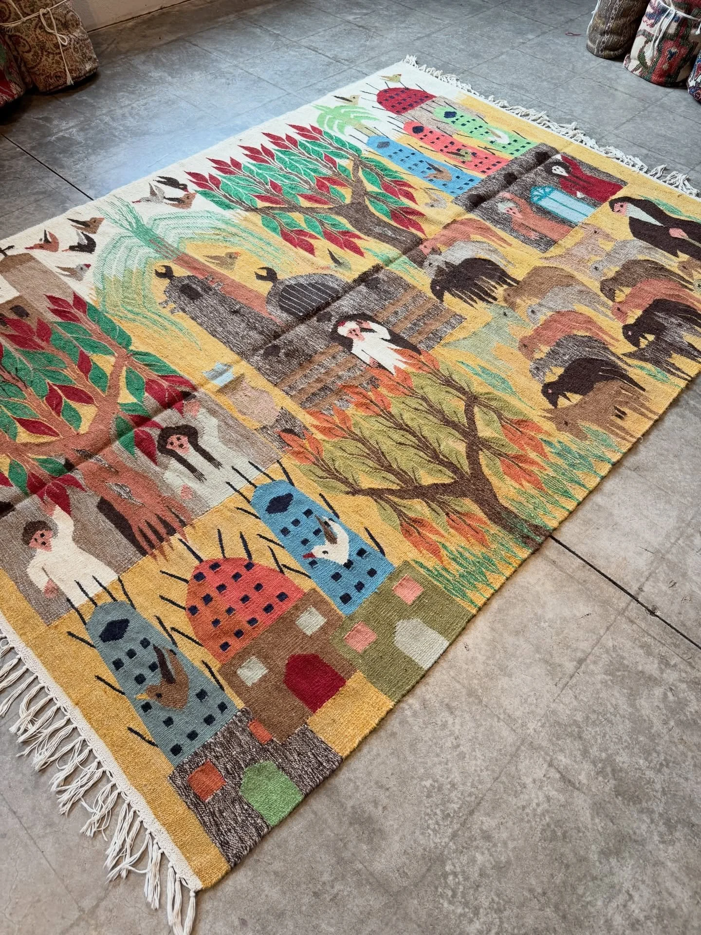 I think you could call this a friendship kilim. It&rsquo;s from Egypt and if you look you will see Muslims and Christians side by side apparently living in harmony.
Love Thy Neighbor.