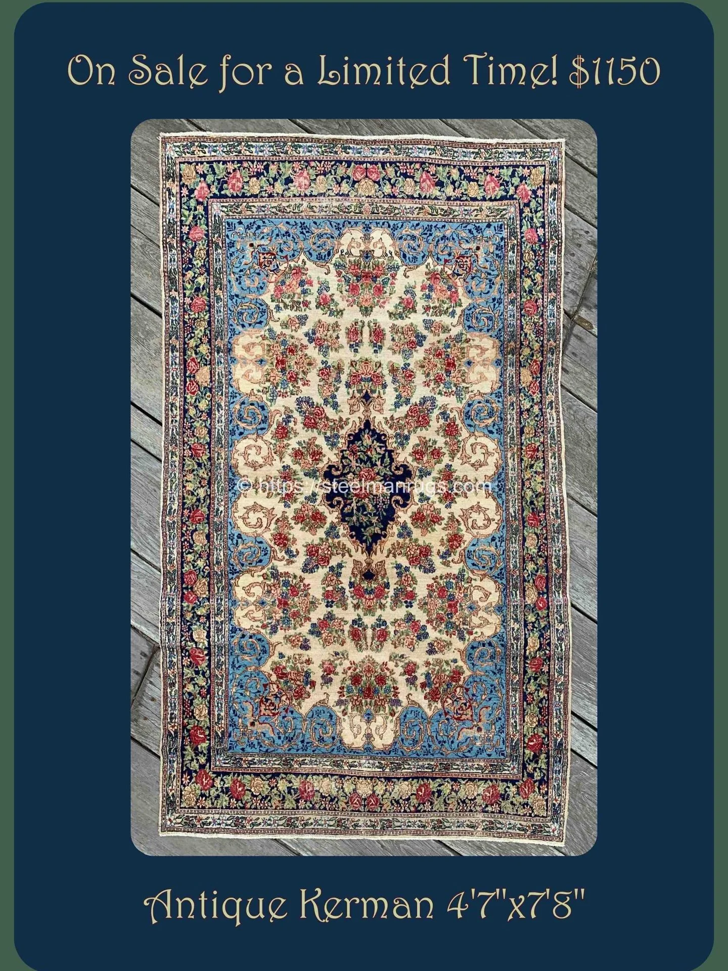 Another special end of year markdown, so fine with positive floral vibes and sparkling colors.

Rug No. 26355

Antique Persian Kerman rug with a delightful floral design in cream, Wedgwood blue, jade green, pistachio green, lilac, fuchsia, navy blue,