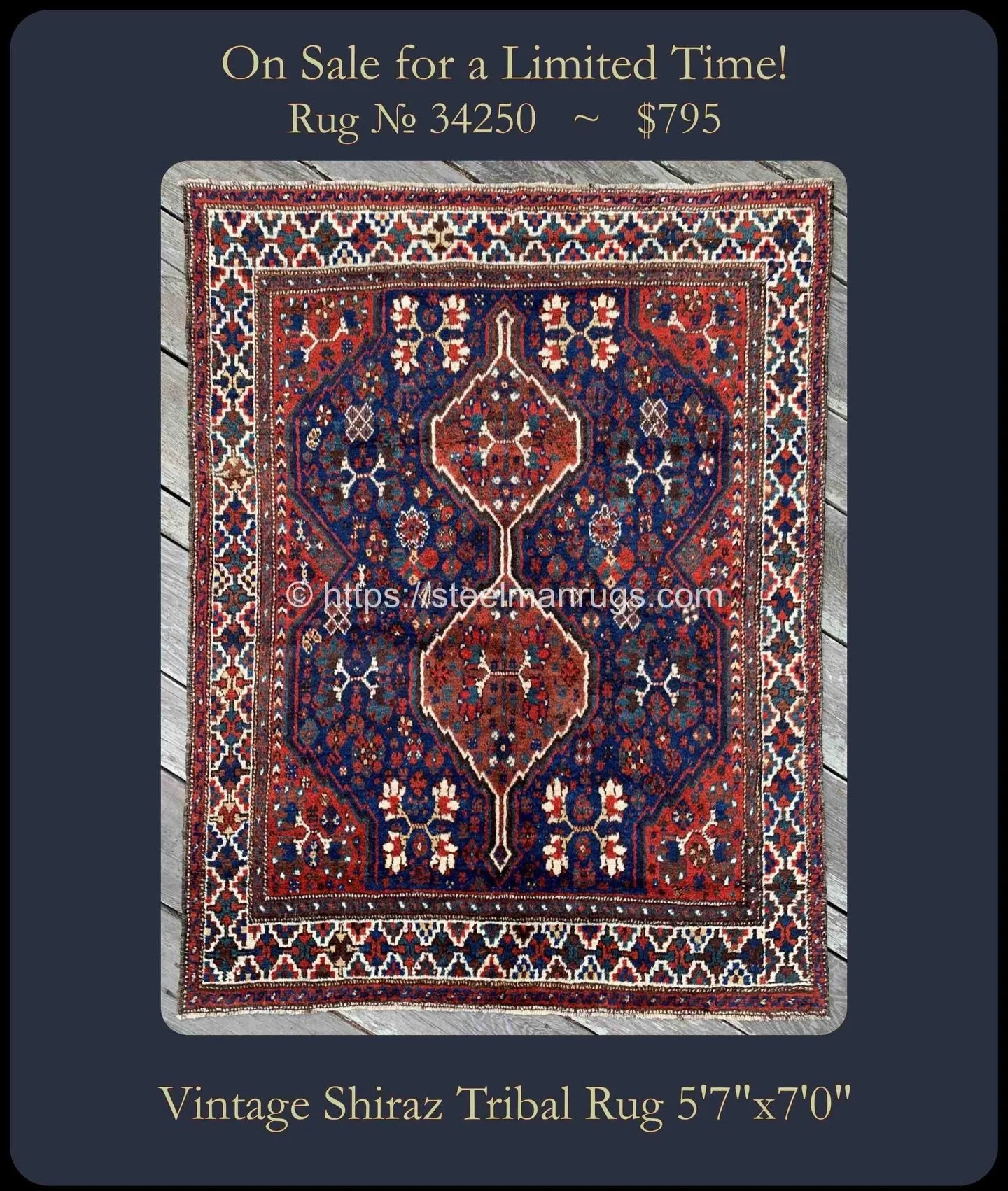 Ready to please at a fraction of the original price. Please purchase directly on our secure website.

Rug No. 34250

Vintage Persian Shiraz tribal rug with brilliant naturally dyed colors and soft fleecy wool. The ground is a luminous indigo cobalt b