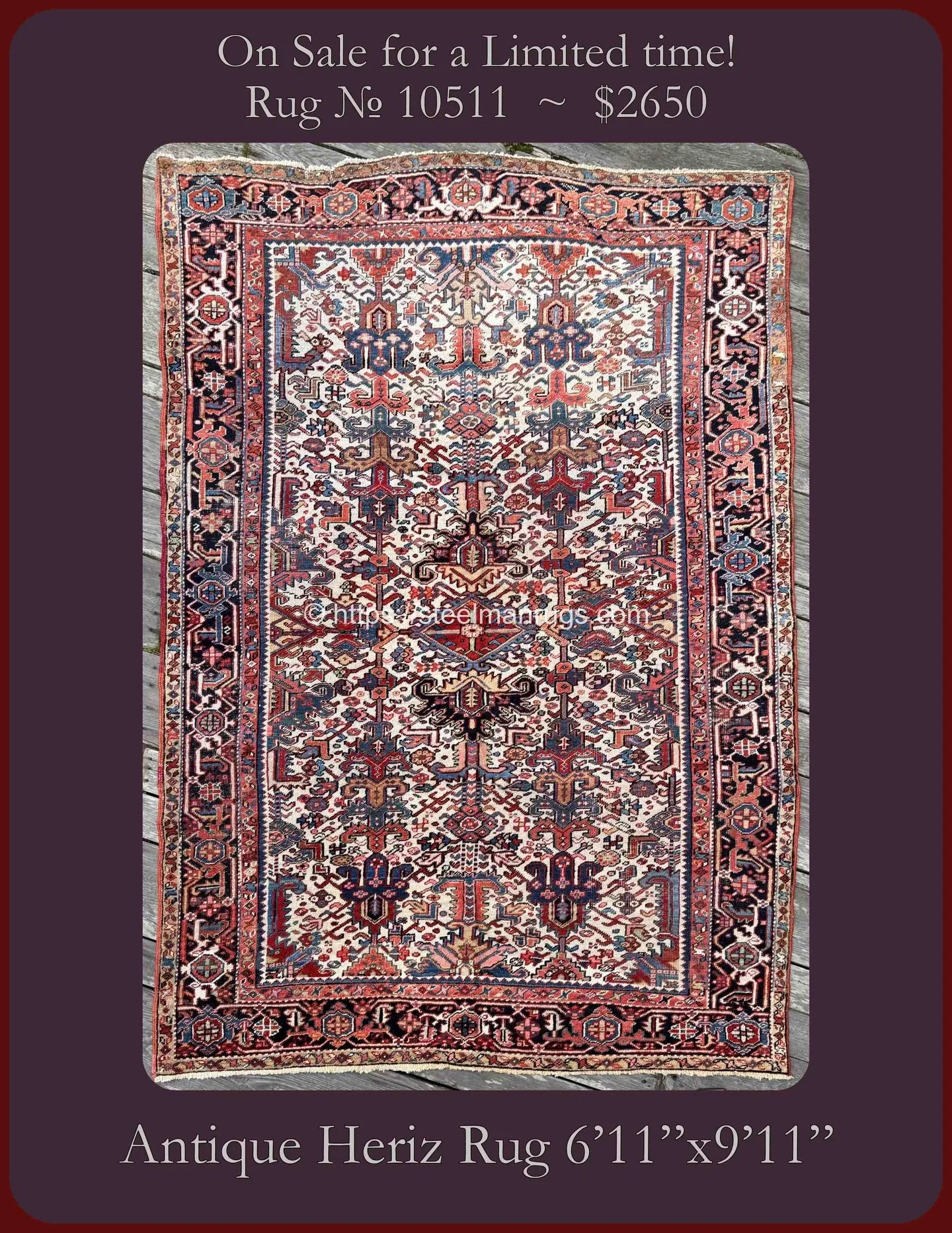 The sweetest colors on this Heriz&hellip;

Rug No. 10511

Antique Persian Heriz rug with a gorgeous stylized botanical design on a cream ground. The unique artwork creates a dappled effect in tones of steel blue, pale salmon, coral, crimson, aqua, pa