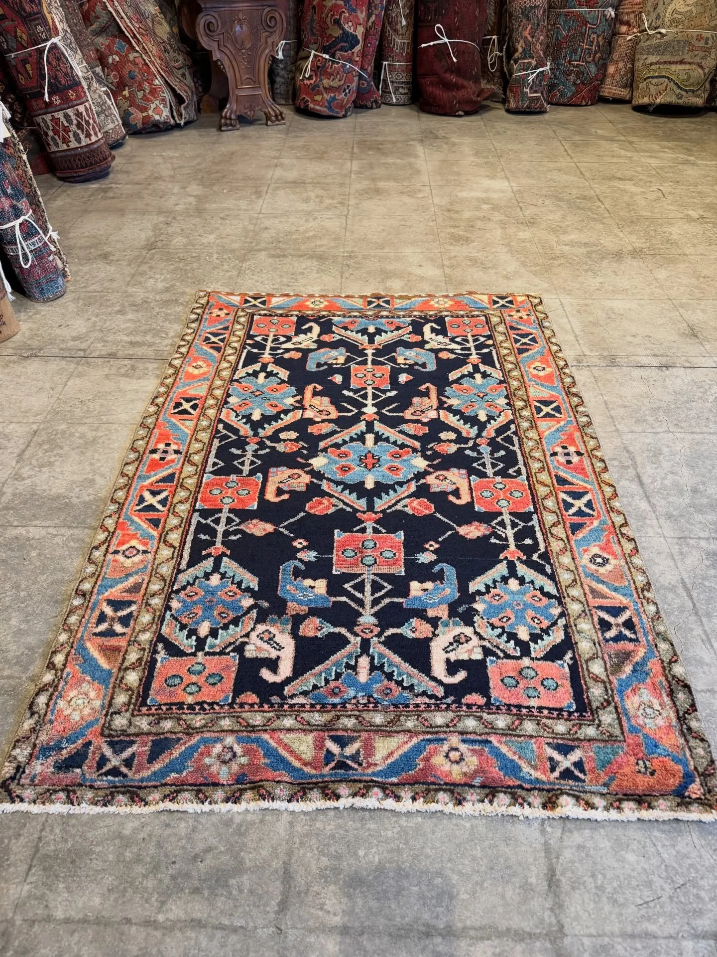 This gorgeous small Hamadan is looking for a loving home. Poor thing is languishing unseen in our shop crying out for attention. She&rsquo;s 3&rsquo;1&rdquo;x4&rsquo;8&rdquo; and ready to impress. Not expensive. Please inquire.