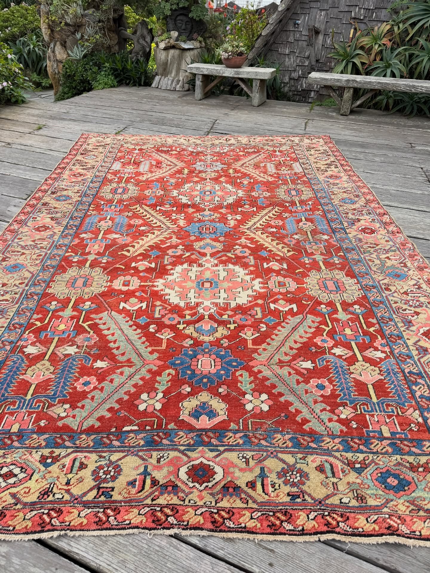 This incredible antique Heriz will hit our shop website tonight. It is a rare and excellent example for those looking for authenticity, bold graphics, and sublime natural colors. Size is 8ft x 12ft. Inquiries are welcome.