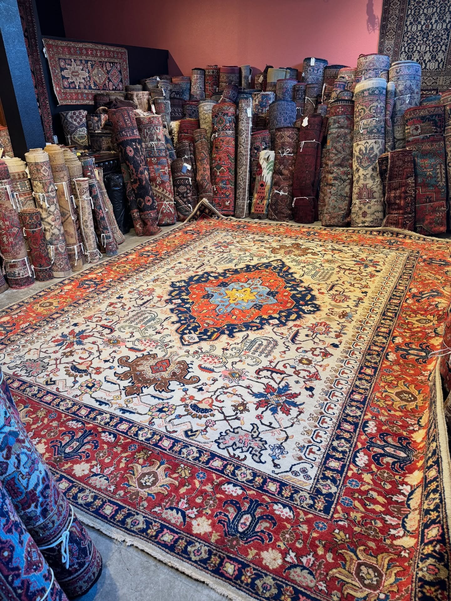 I&rsquo;m always smitten by these not quite antique Tabriz with their angular stylized botanicals and fresh colors like vermilion, sage, Persian blue, lemon yellow, raisin, buff, rose pink, navy, and off white. Size is 10&rsquo;2&rdquo;x12&rsquo;10&r