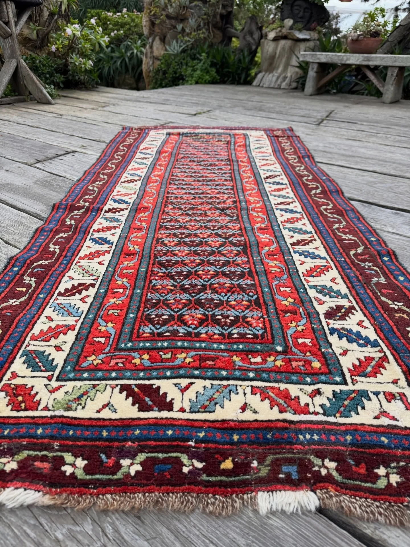 Gorgeous colors and excellent wool in this 130 year old rug from the South Caucasus. 3&rsquo;5&rdquo;x7&rsquo;8&rdquo;. Some scattered old repairs, but still lustrous and looking good. It is yours for only $750. Please DM.