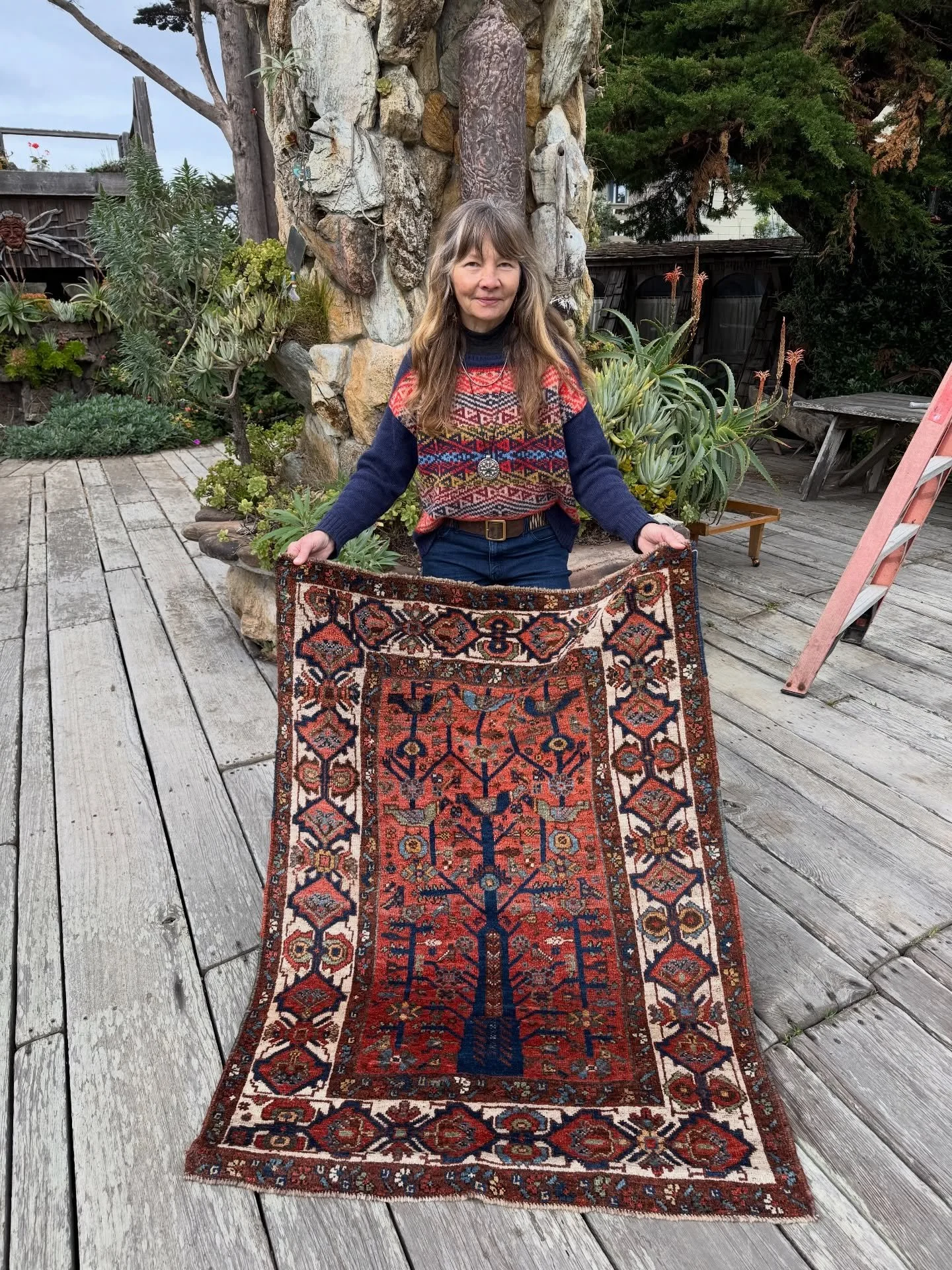 Spring is in the air today in Half Moon Bay!

Rug No. 151570

Rare antique tribal Neyriz rug with their local enigmatic tree of life motif with perching birds. It is rustic and charming with rich naturally dyed colors on hand spun wool. The border is