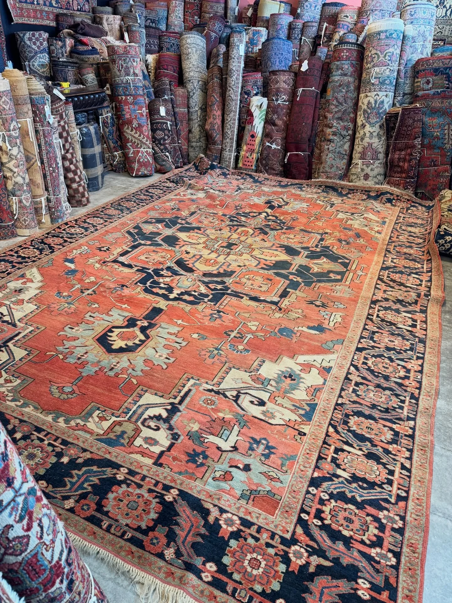 Greetings on a beautiful Sunday in Half Moon Bay California. Today we&rsquo;re sharing preview pics of an antique Serapi Heriz that just arrived. It is roughly 8&rsquo;6&rdquo;x13&rsquo;8&rdquo; and it dates to 1900 or earlier. Inquiries are welcome.