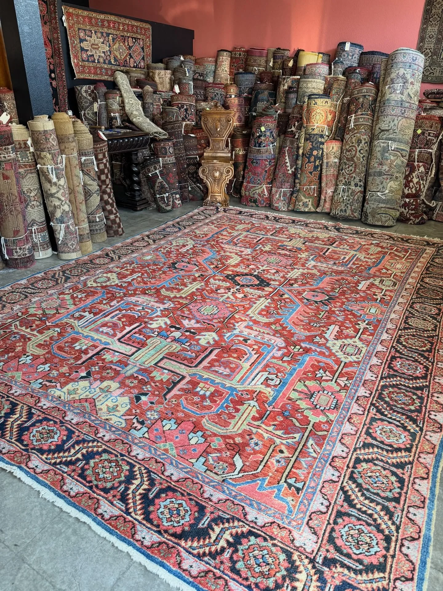 Sometimes you only get to me chance in life.

Rug No. 171535

Antique Heriz Bakshaish rug with extravagant botanical artwork in a masterful expression of color. Highly stylized acanthus leaves and large geometric blossoms imply the formal quadrant ga