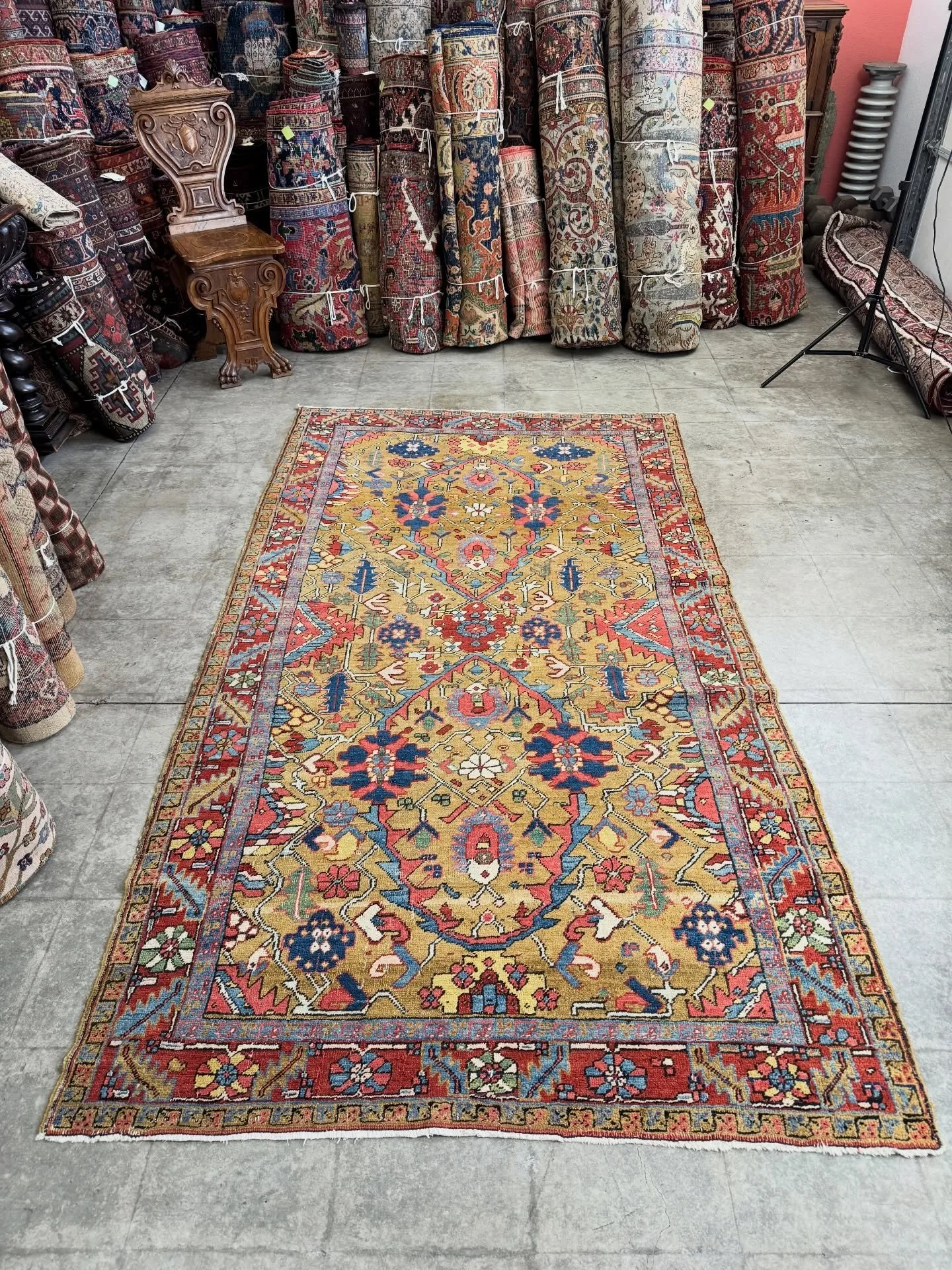 Yesterday we received a handful of beautiful rugs. One of them is this special gold ground Heriz (think ground cumin) with a rich rust border. Accents include subtly toned blues and greens. Very rare size at just under 5x9 feet. Inquiries welcome.