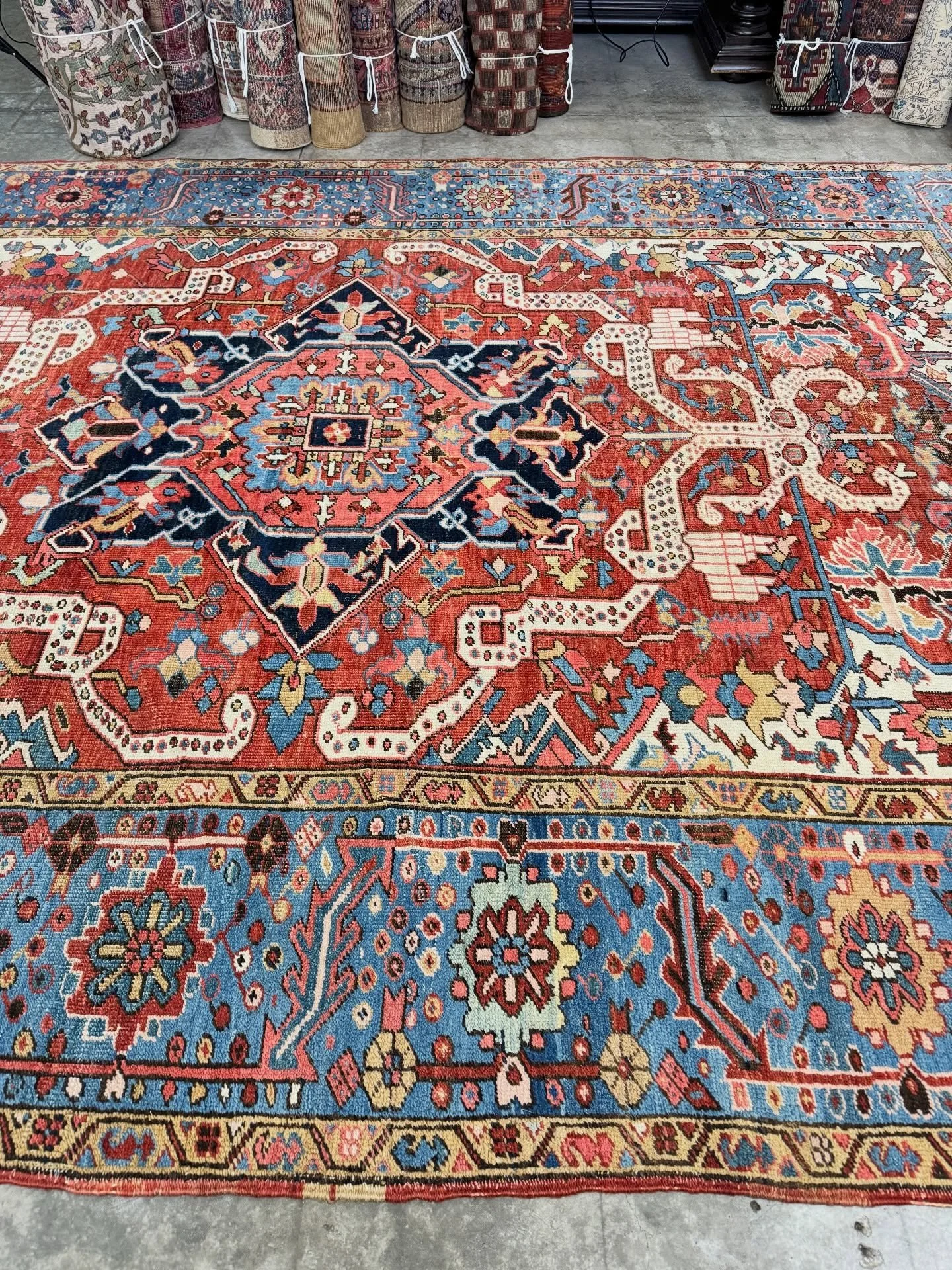 Yesterday we received a handful of beautiful rugs. One of them is this unusual Heriz with an abstract serpentine or dragon design with the ever popular pale blue border. Size is 8&rsquo;2&rdquo;x11&rsquo;5&rdquo;. Inquiries welcome.