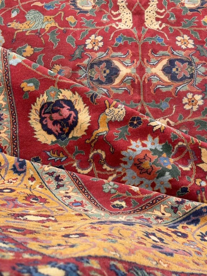 Soft and luxurious, this Turkish Sparta is an adaptation from the 1930s of classical Persian hunting rugs of the 17th century. The colors are simply sublime. Size is 9&rsquo;7&rdquo;x13&rsquo;0&rdquo; and it is in good shape overall. Ready to ship an