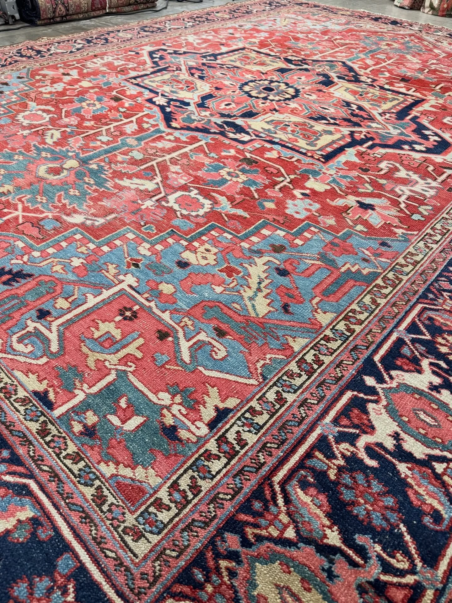 All the right colors and the iconic Heriz template. This is a great example of peak Heriz production. It is no later than the early 1920s, more likely 1900-1910s. Anyway, it&rsquo;s a looker. Size is 9&rsquo;2&rdquo;x12&rsquo;0&rdquo;. Available.