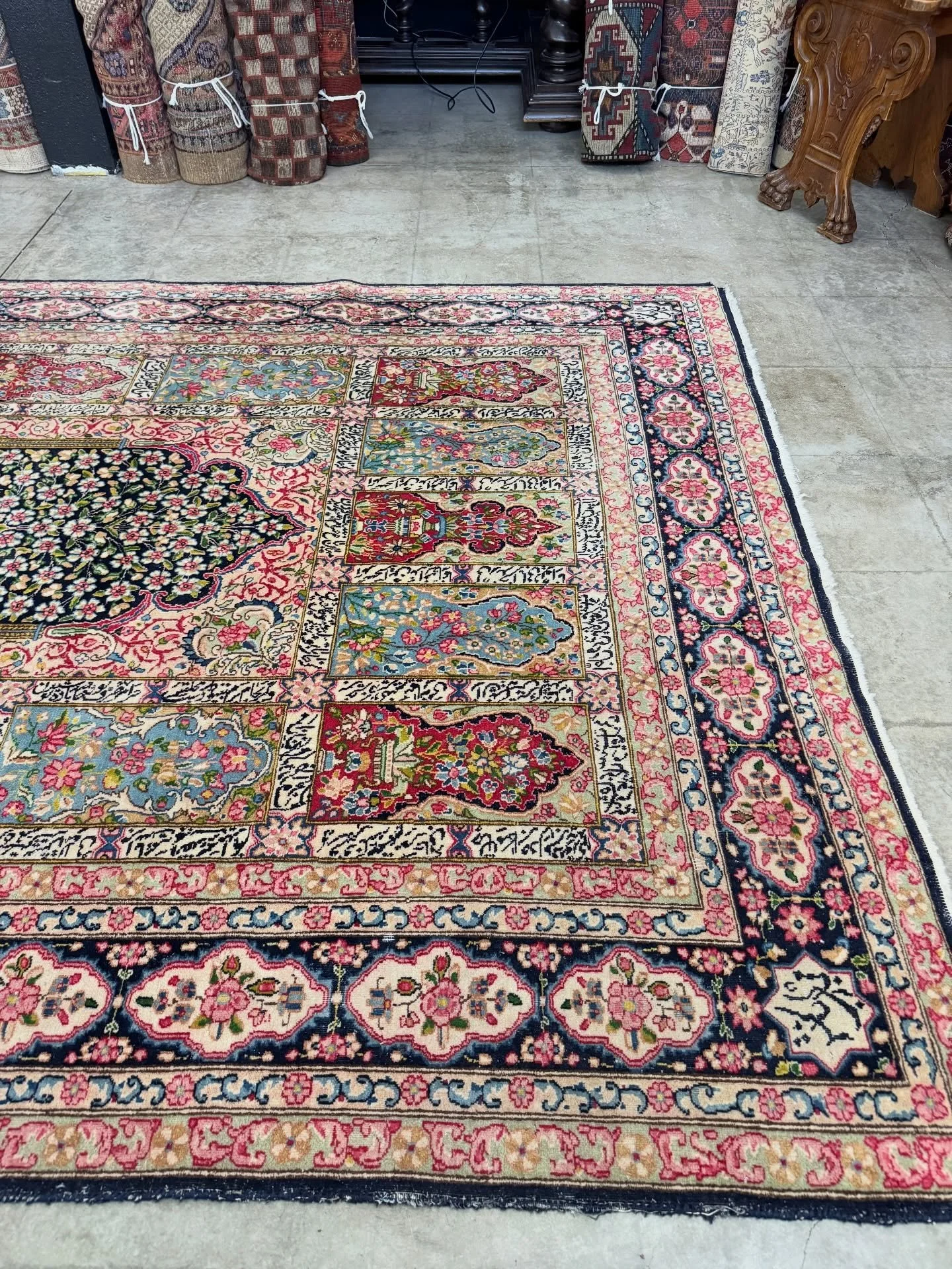 We just received this 1950s Kerman in 6x9 feet. It is a little rough and we will see how it looks after a deep cleaning. Very pretty with lots of calligraphy we can&rsquo;t read. Maybe poetry? Garden niche design. $1500