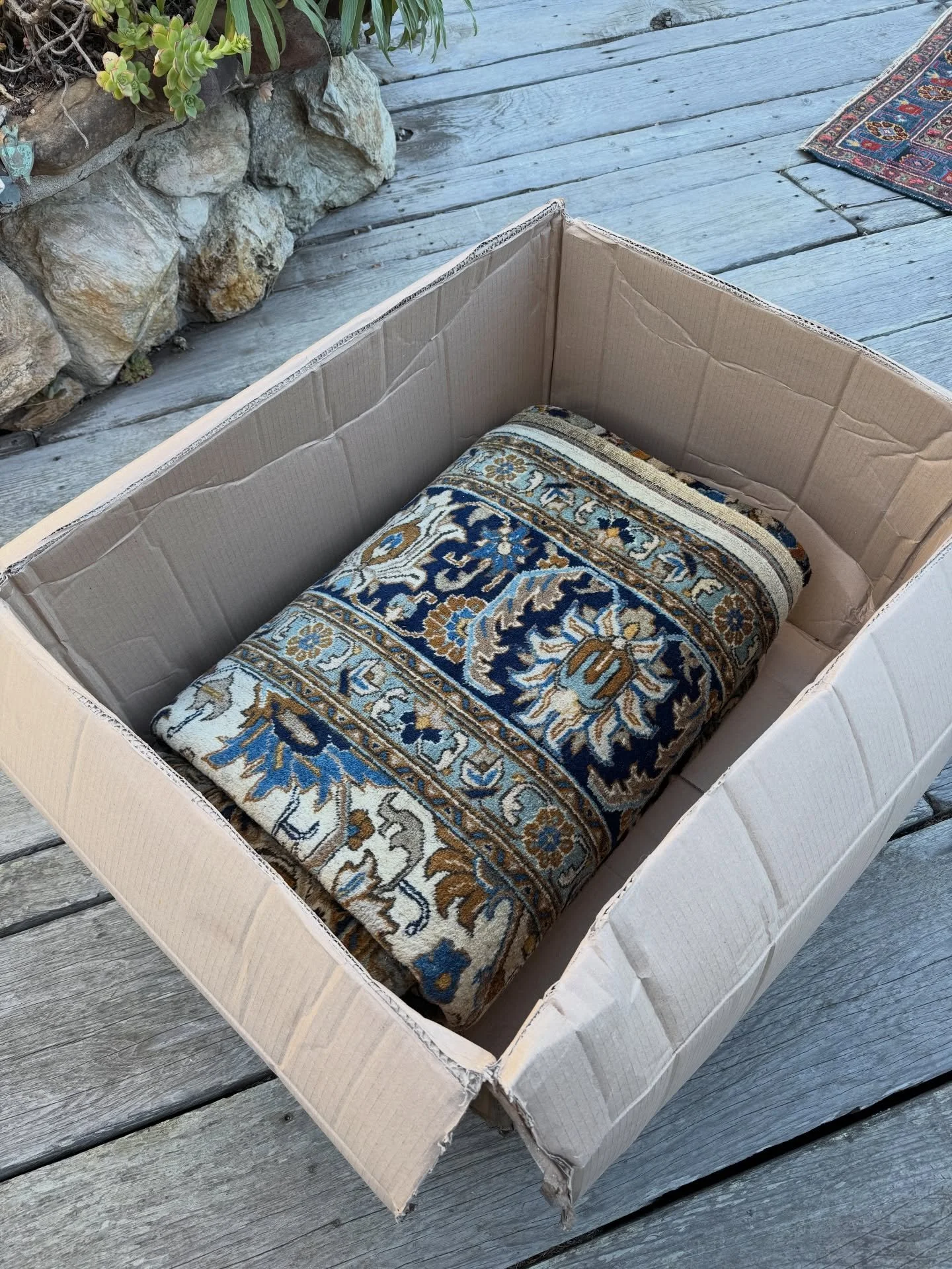 In the bottom of yesterday&rsquo;s shipment is a vintage Tabriz with a gorgeous color palette. Size is just shy of 9x12. Cream, beige, aqua, sage green, navy blue, and faded rust. Cool, calm, and collected.