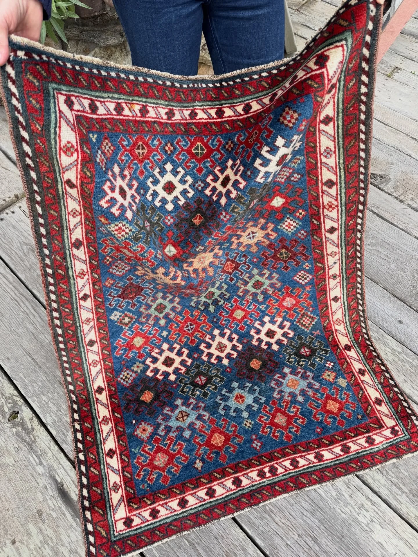 Sunday sparkler!

Rug No. 7645

Antique Caucasian small rug with a sparkling pattern of ancient kochak (ram&rsquo;s horn) symbols on a sky blue ground. Motif colors are pale aqua, deep green, baby blue, scarlet red, buff, maroon, and cream. A lovely 