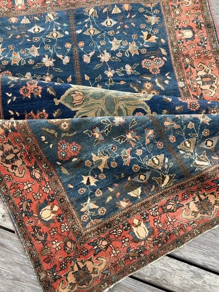 A lovey antique Farahan with delicate artwork, softly variegated colors, and velvet-like wool. Dreamy and ethereal. Size is 4&rsquo;0&rdquo;x6&rsquo;5&rdquo;. Please DM for more details.