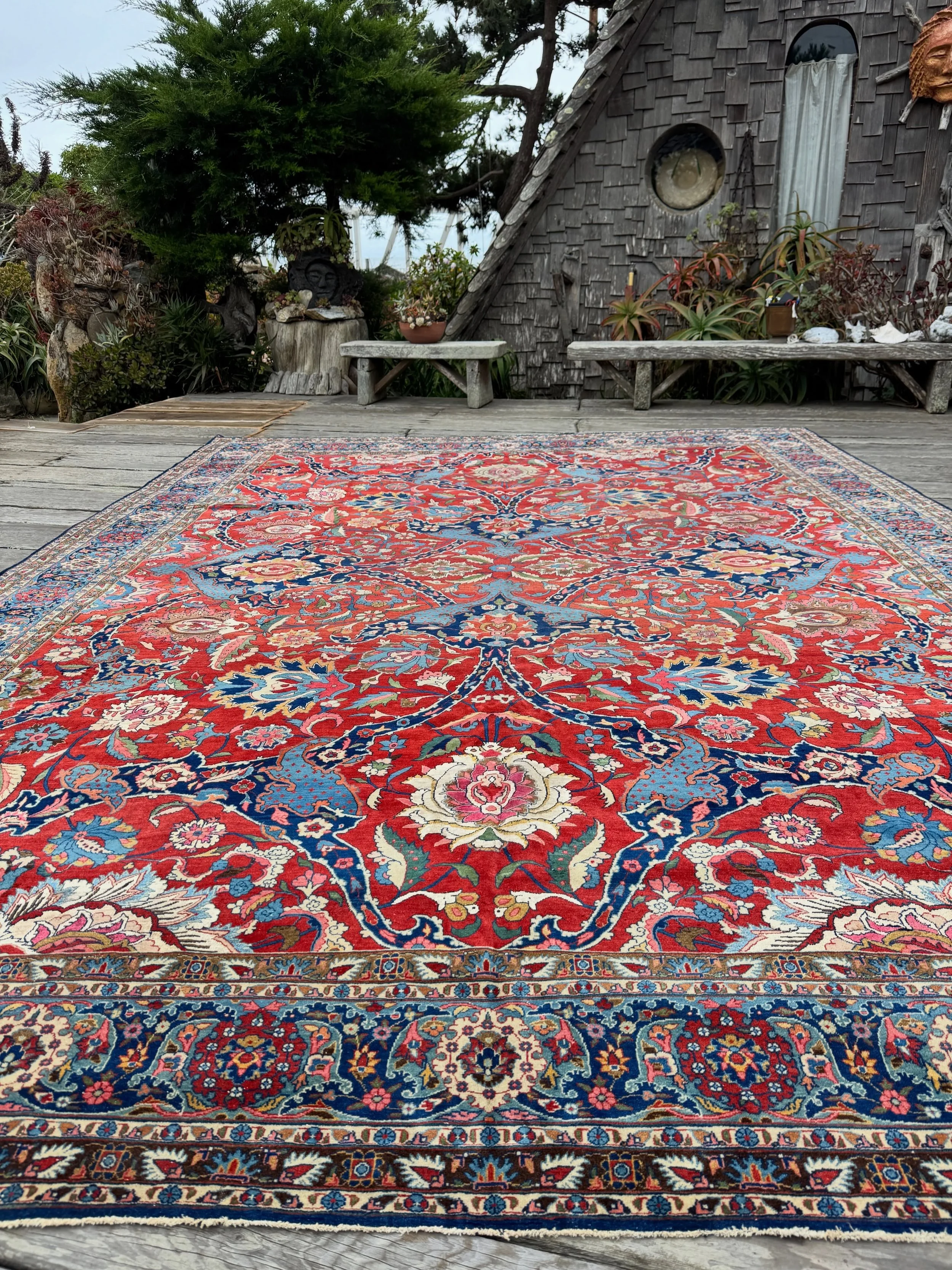 Rarely do we have a chance like this. This antique Tehran rug will leave you speechless. The origins of the forked arabesque design date back to the at least the 15th century. The final slide shows the 17th century prototype for this Tehran which was