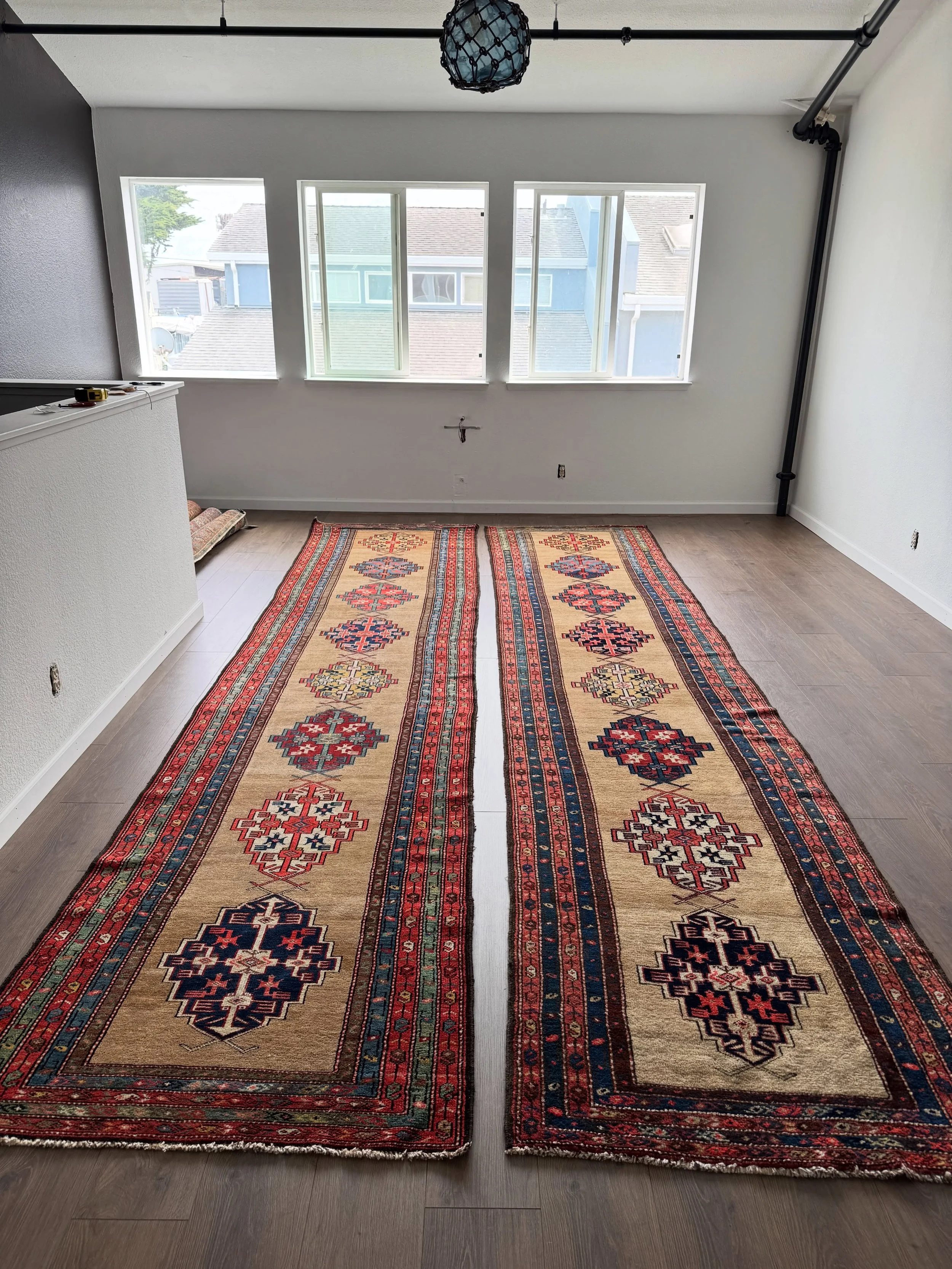 A matched pair of antique Kurdish runners from somewhere to the west of Varamin in my estimation. Near perfect condition. Both are 3&rsquo;6&rdquo;x15&rsquo;3&rdquo;. Can be sold separately or as a pair. Great artwork and colors! DM for more informat