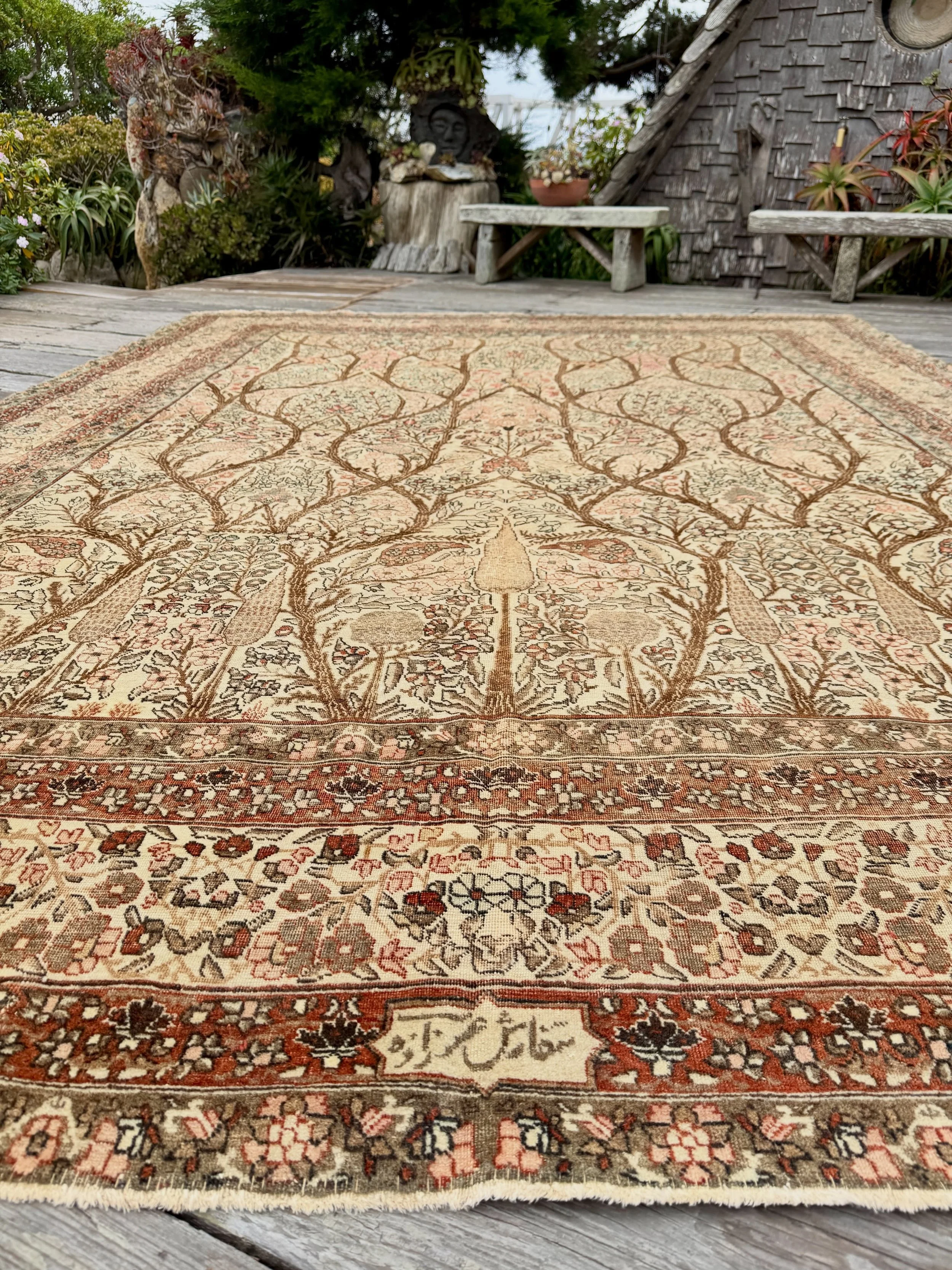The Paradise Garden in the style of Haji Jalili. Pale tones with warmth and calm. If you follow the artwork from bottom to top, it never repeats. Really loving the pale sage green, natural browns, red clay, and the warm white ground. Size is 9&rsquo;