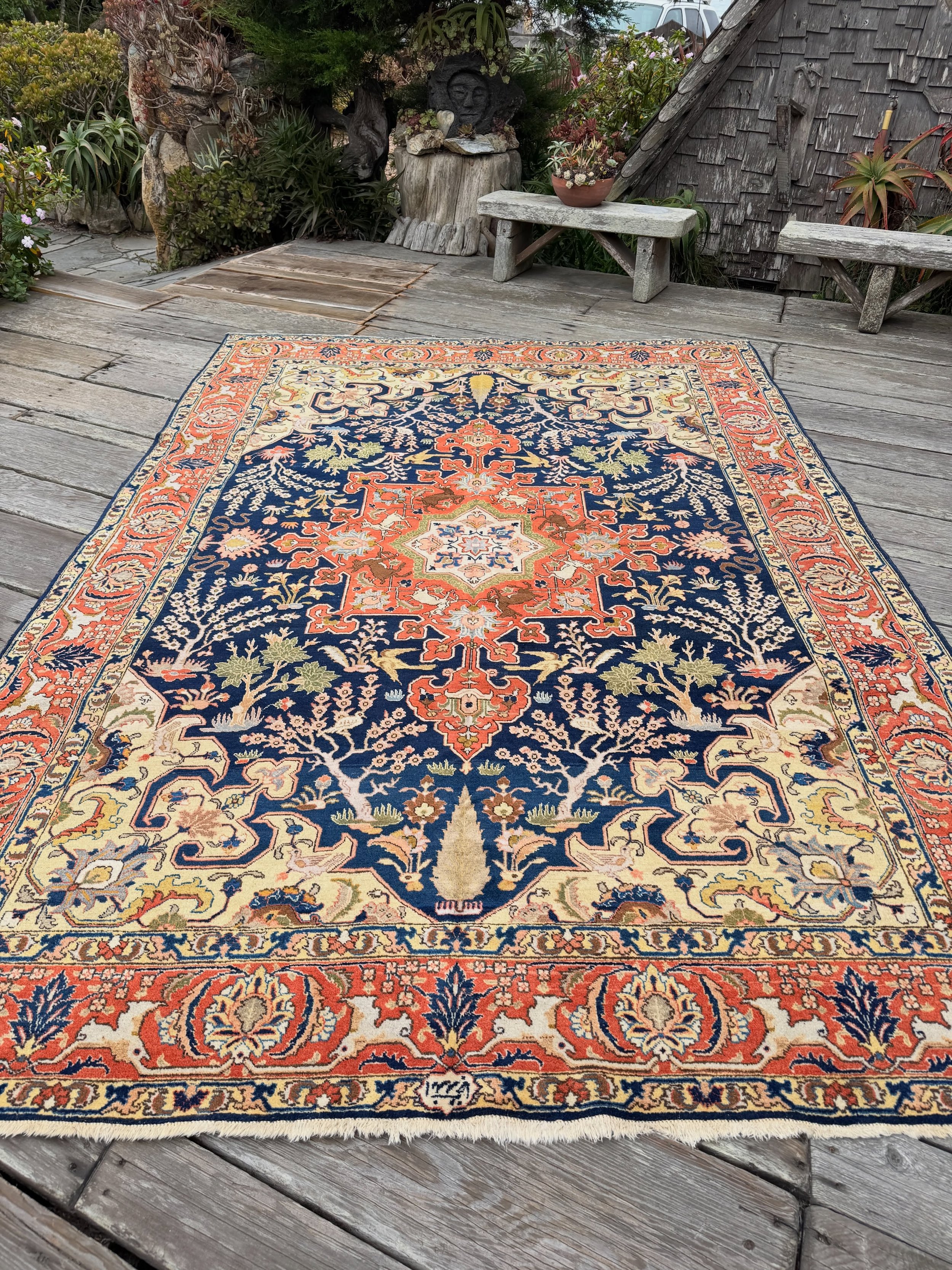This garden is for animal lovers only. Semi antique Tabriz rug with gorgeous tones of pine green, Mediterranean coral, coffee bean, slate blue, butter yellow, ground cumin, navy blue, gold, and more. Pure delight in a great size of 7&rsquo;8&rdquo;x1