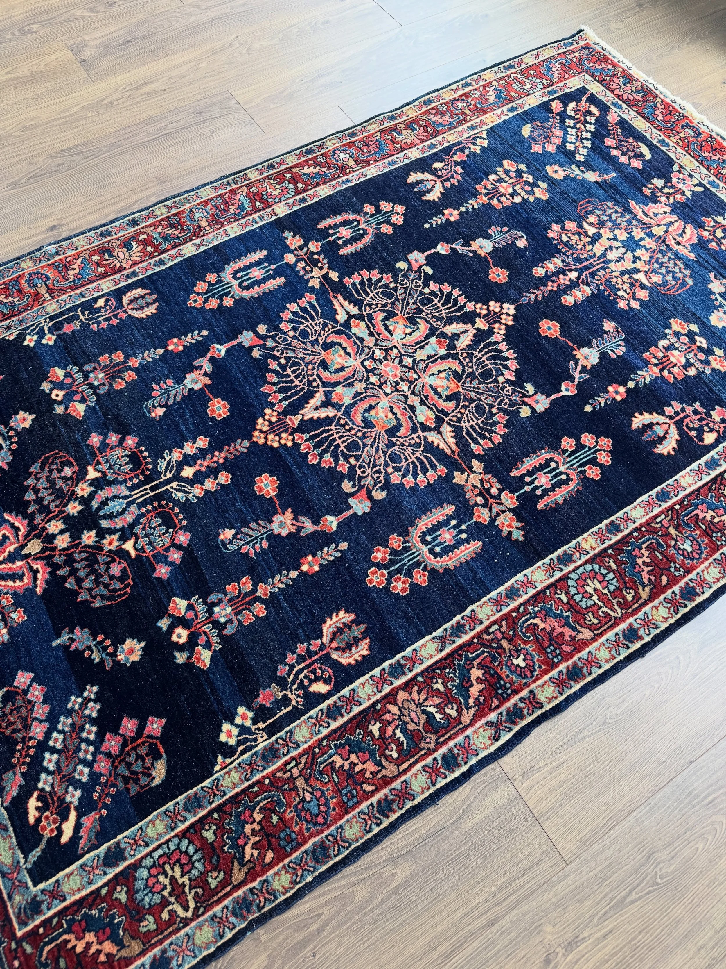 When you have to have the very best. This is a Sarouk or Farahan Sarouk from the Arak area of western Iran. It is over 100 years old and has been loved and cared for by one family in California the entire time. Size is 4&rsquo;3&rdquo;x6&rsquo;9&rdqu