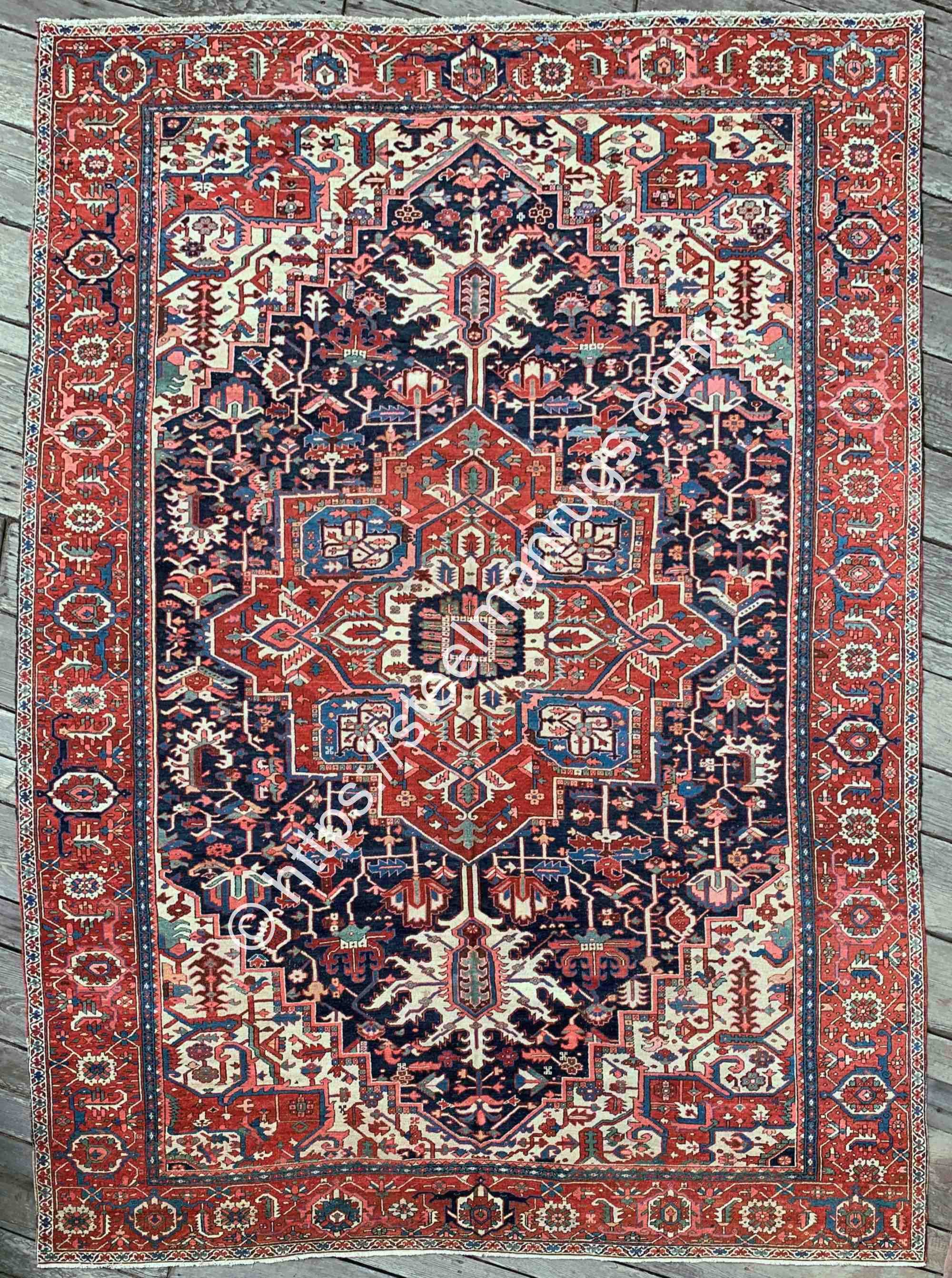 Antique Heriz Serapi Rug 9'8"x13'5" Exquisite Navy Blue Cream Cherry Red