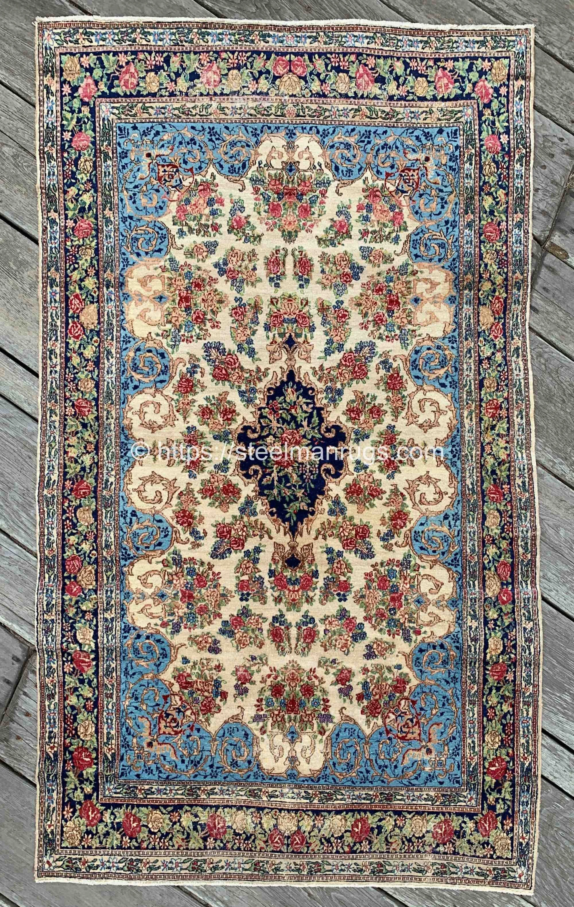 Antique Persian Kerman Rug 4'7"x7'8" Wedgwood Blue Cream Jade Green
