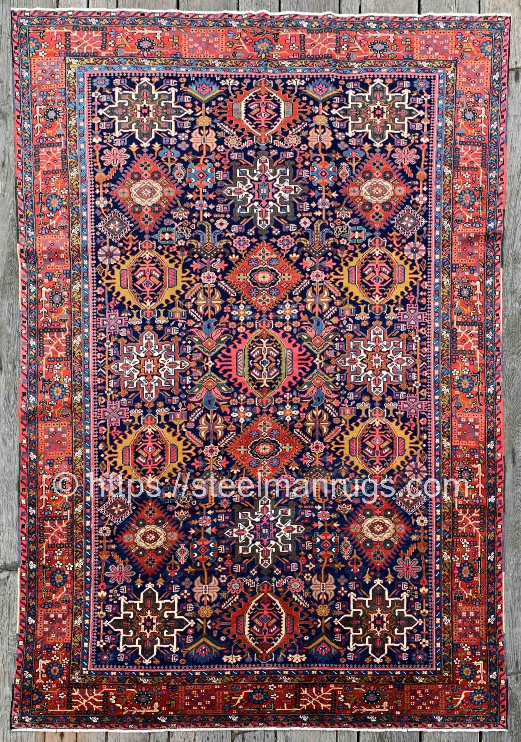 Antique Heriz Karaja Rug 7'9"x11' All-Over Royal Blue, Gold, Emerald Green
