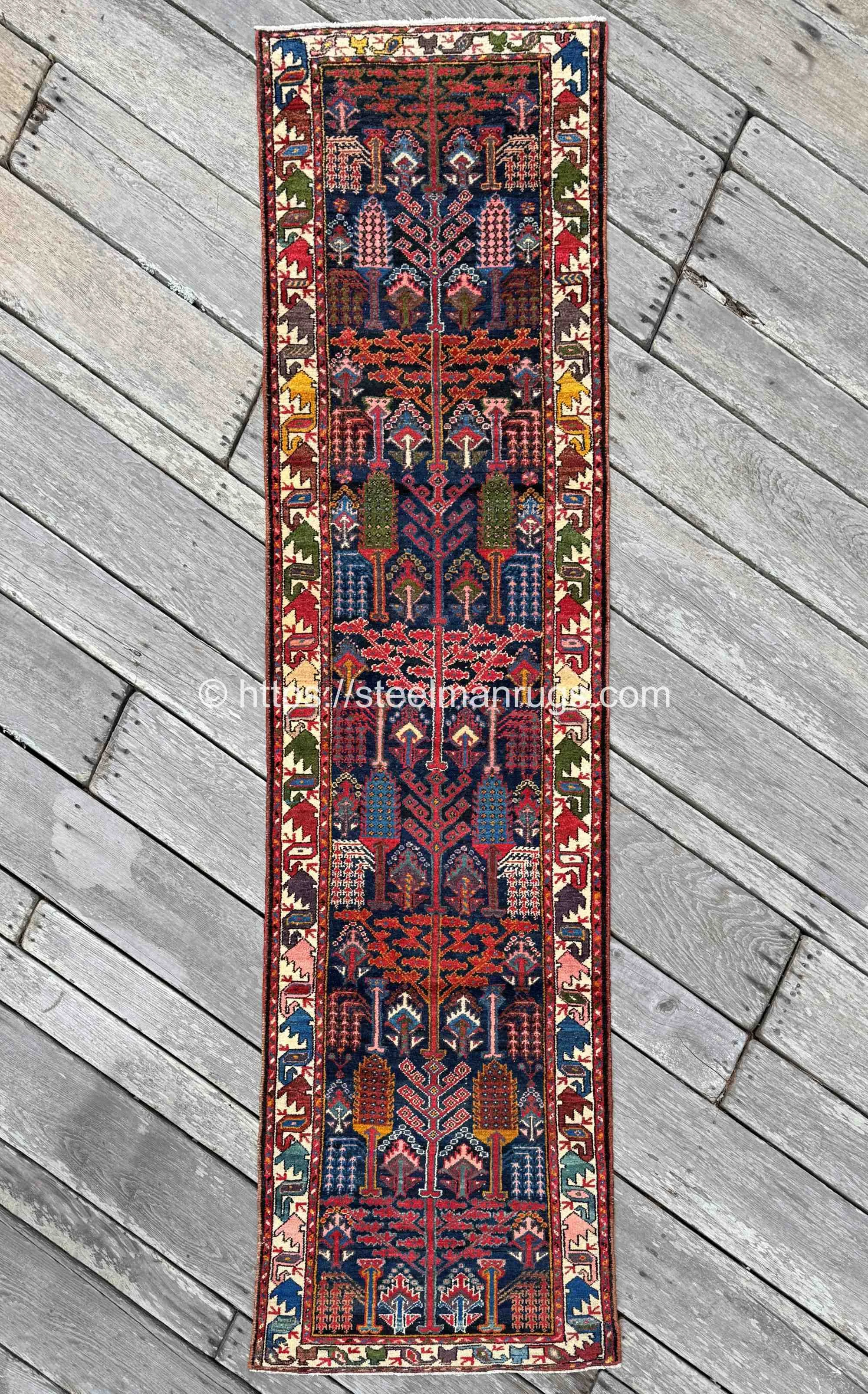 Semi Antique Tribal Runner Rug 3’1”x11’6" Colorful Weeping Willow Bid Majnun Design