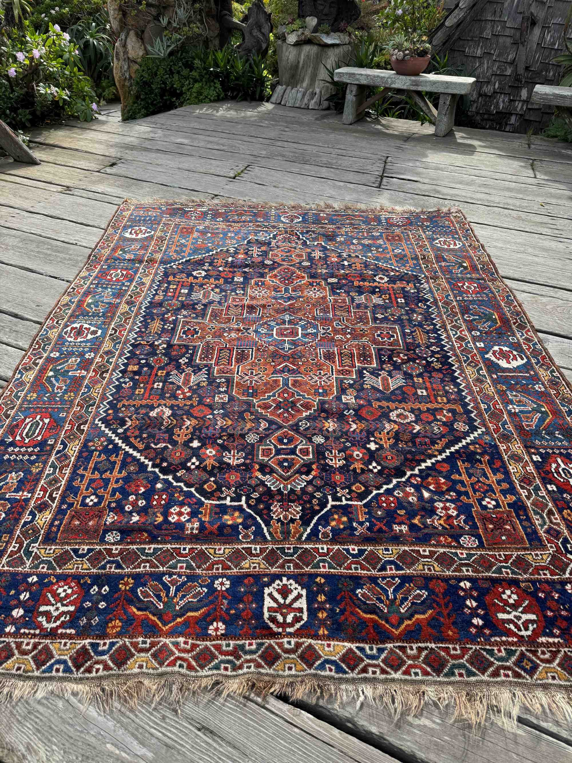 antique tribal Khamseh shiraz rugs