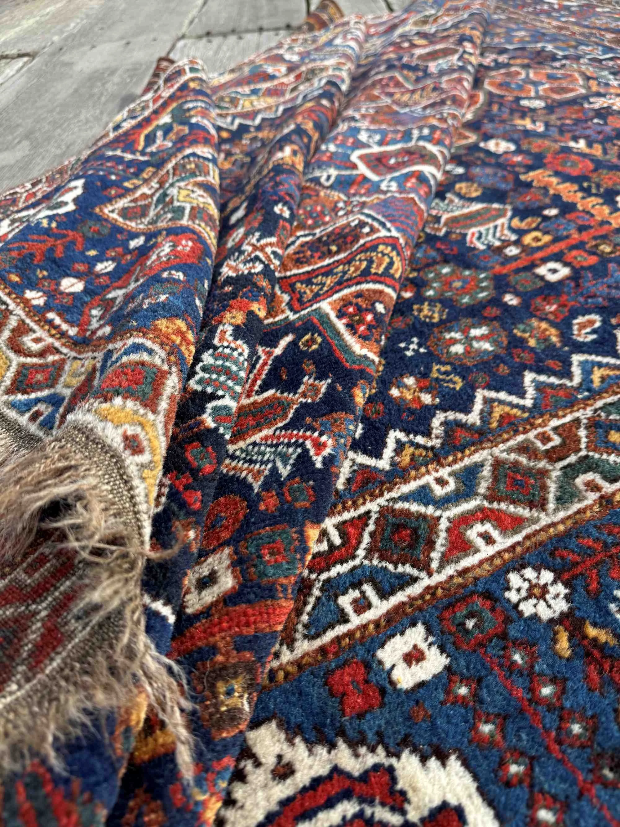 antique tribal Khamseh shiraz rugs