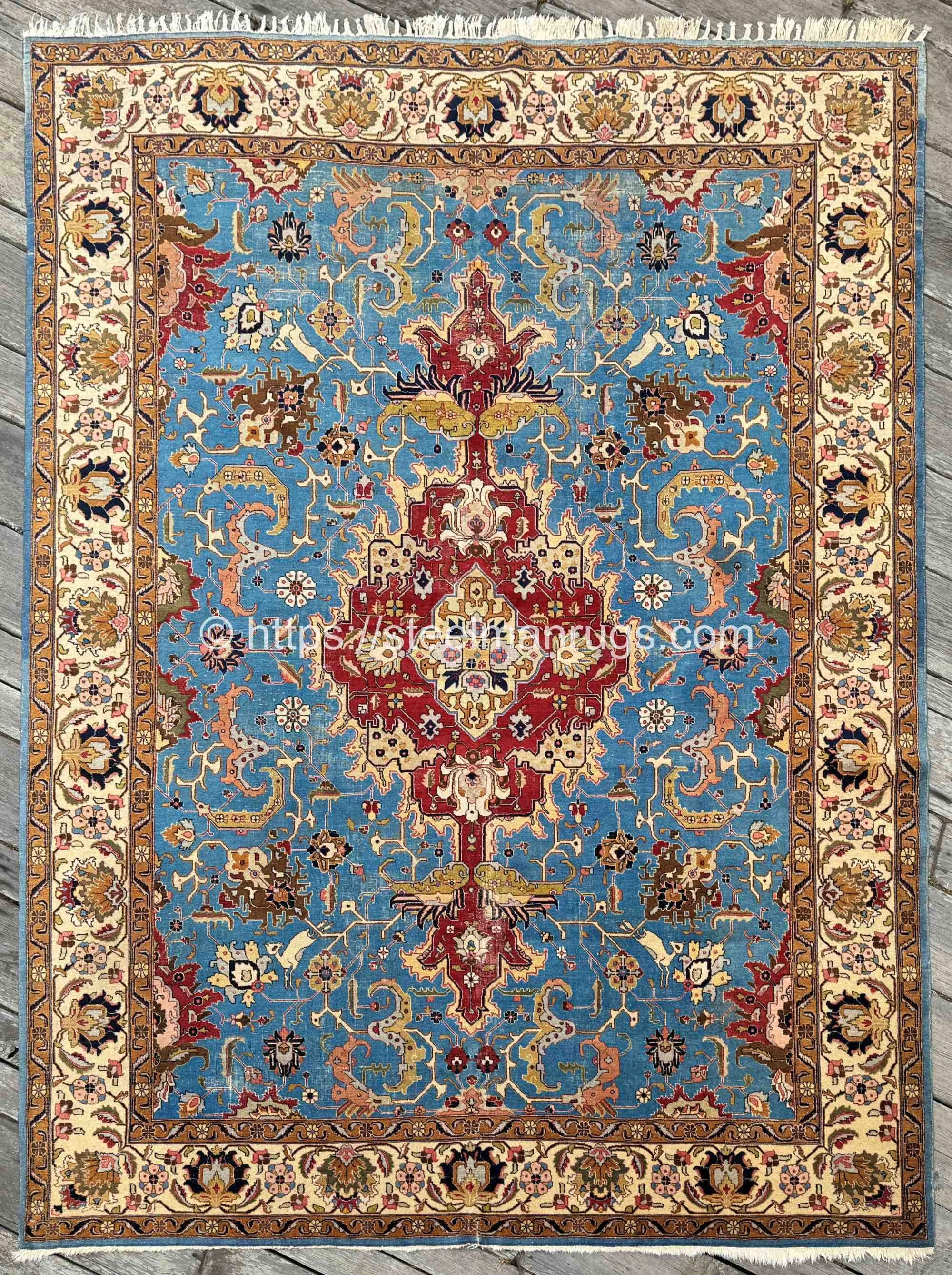 Vintage Persian Tabriz Rug 9'5"x12'6'' Fantastic Cerulean Blue with Prancing Lambs