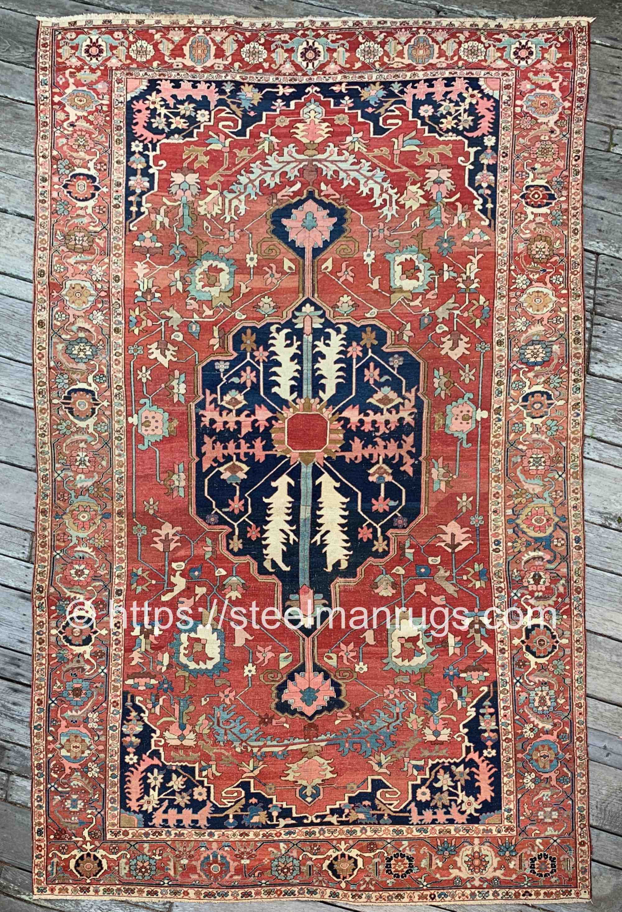 Antique Serapi Heriz Rug 9'7"x14'10" (10x15) Soft Tomato Rust Navy Seafoam Salmon
