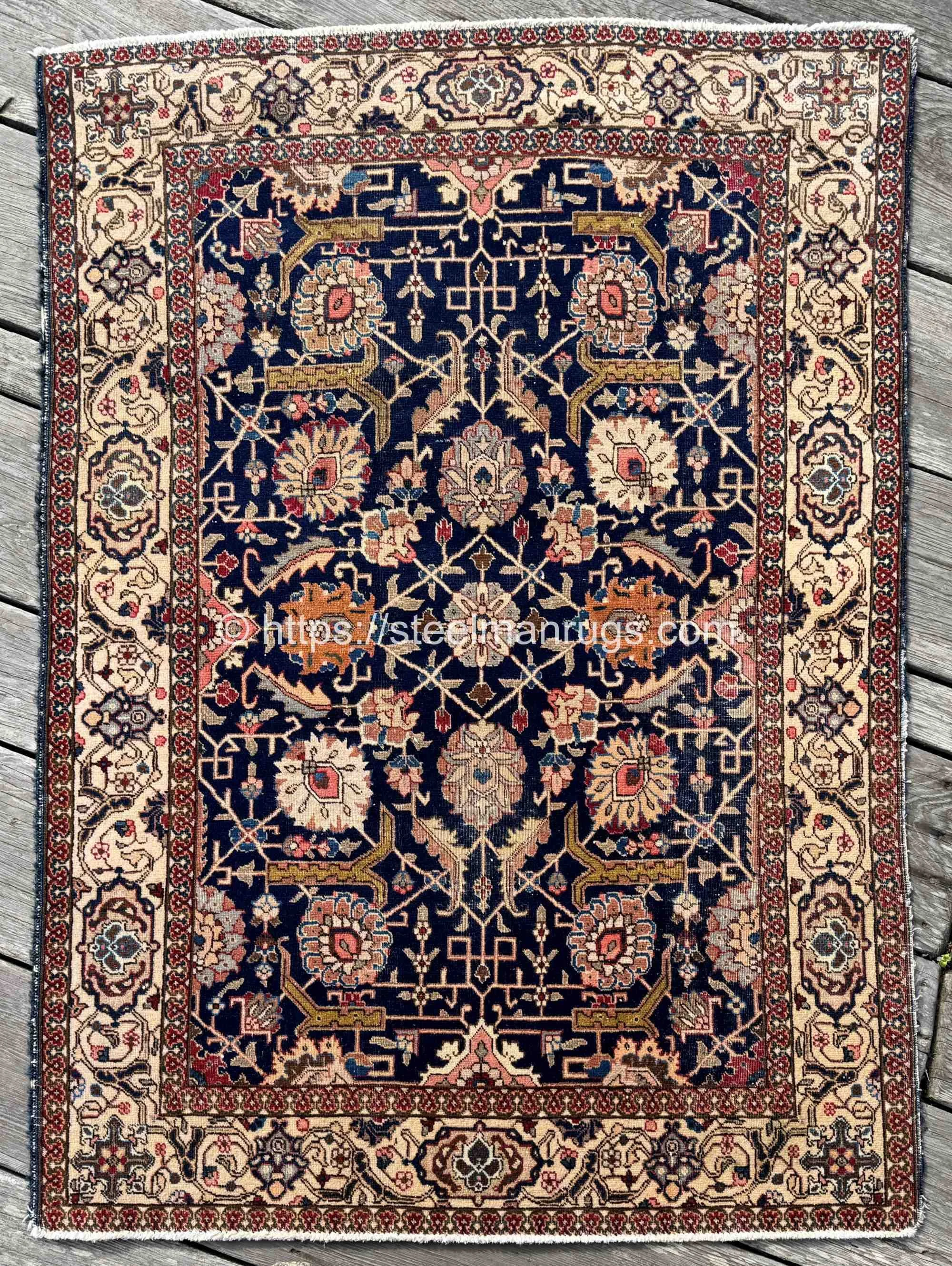 Vintage Persian Tabriz Rug 4’6”x6’1” Blossom Palmettes on Navy Blue