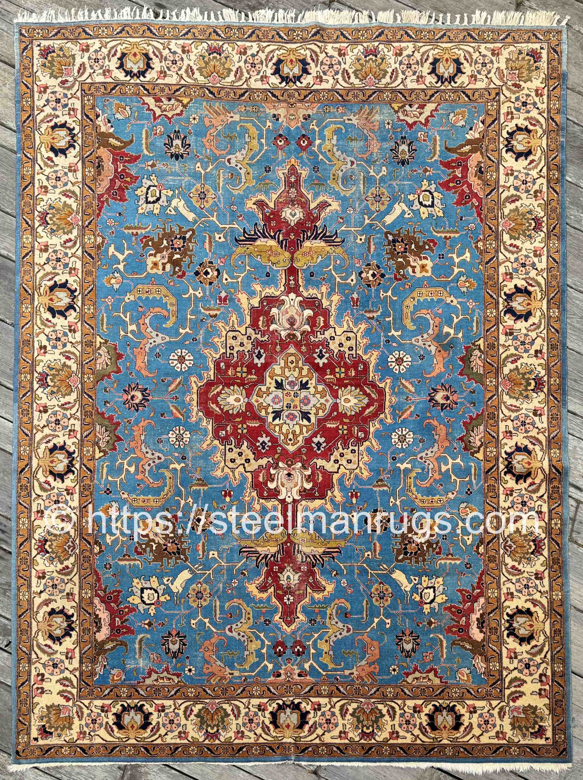 Vintage Persian Tabriz Rug 9'2"x12'6'' Fantastic Cerulean Blue with Prancing Lambs