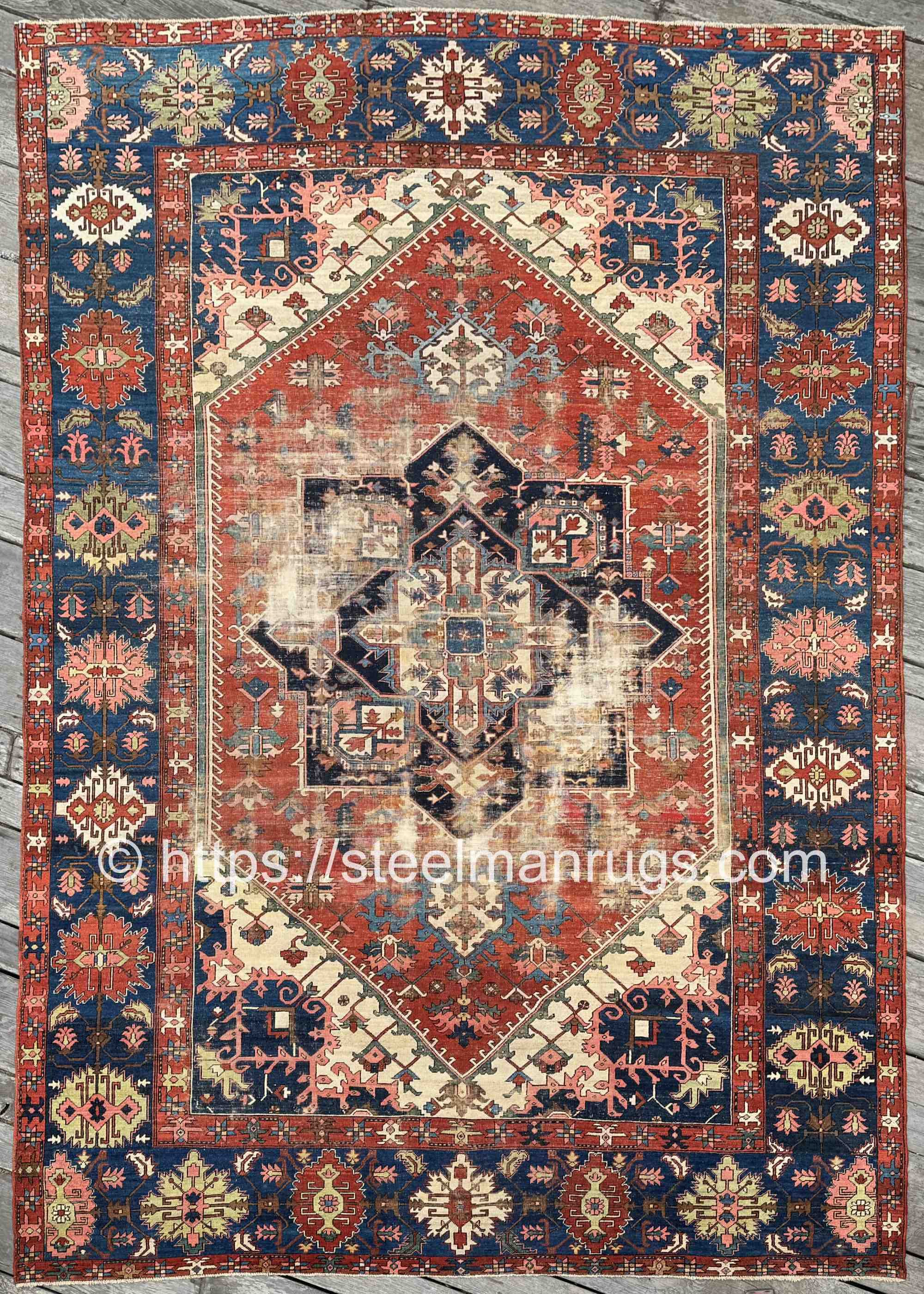 Antique Serapi Rug 9'7"x13'8" Soft Tones of Rust Denim Blue Pistachio Green Majestic Castle