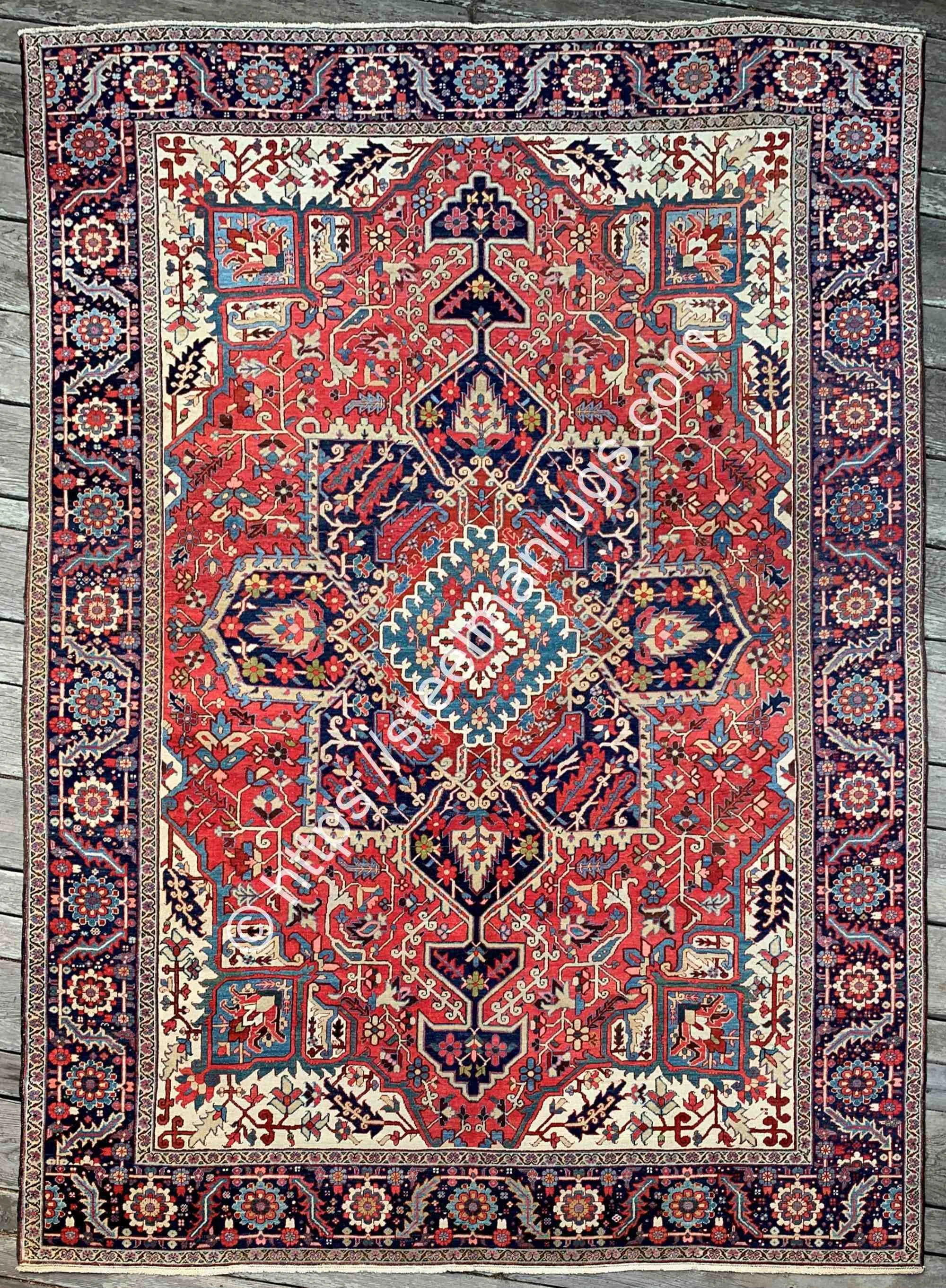 Antique Serapi Heriz Rug 10'0"x13'4" Coral Navy Blue Cream Masterpiece