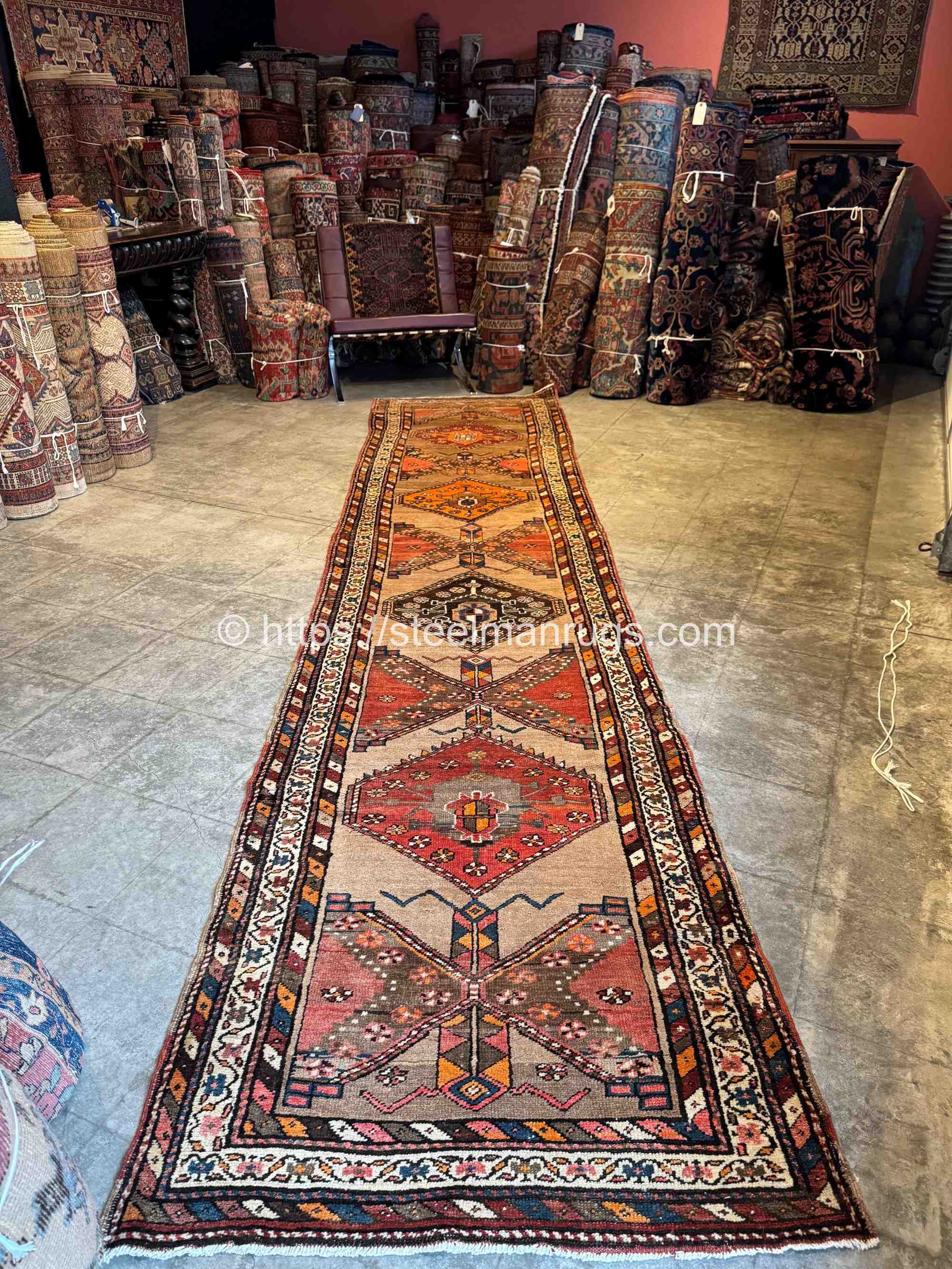 Vintage Persian Runner Rug 3’4”x13’10” Kurdish Tribal Beauty in Tan