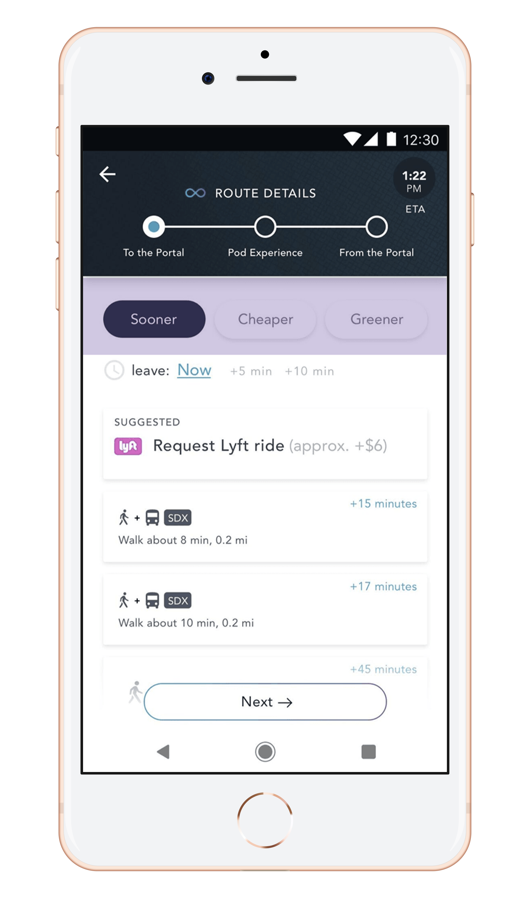 Prototype screen of user ability to choose a VHO ride by Sooner, Cheaper and Greener categories.