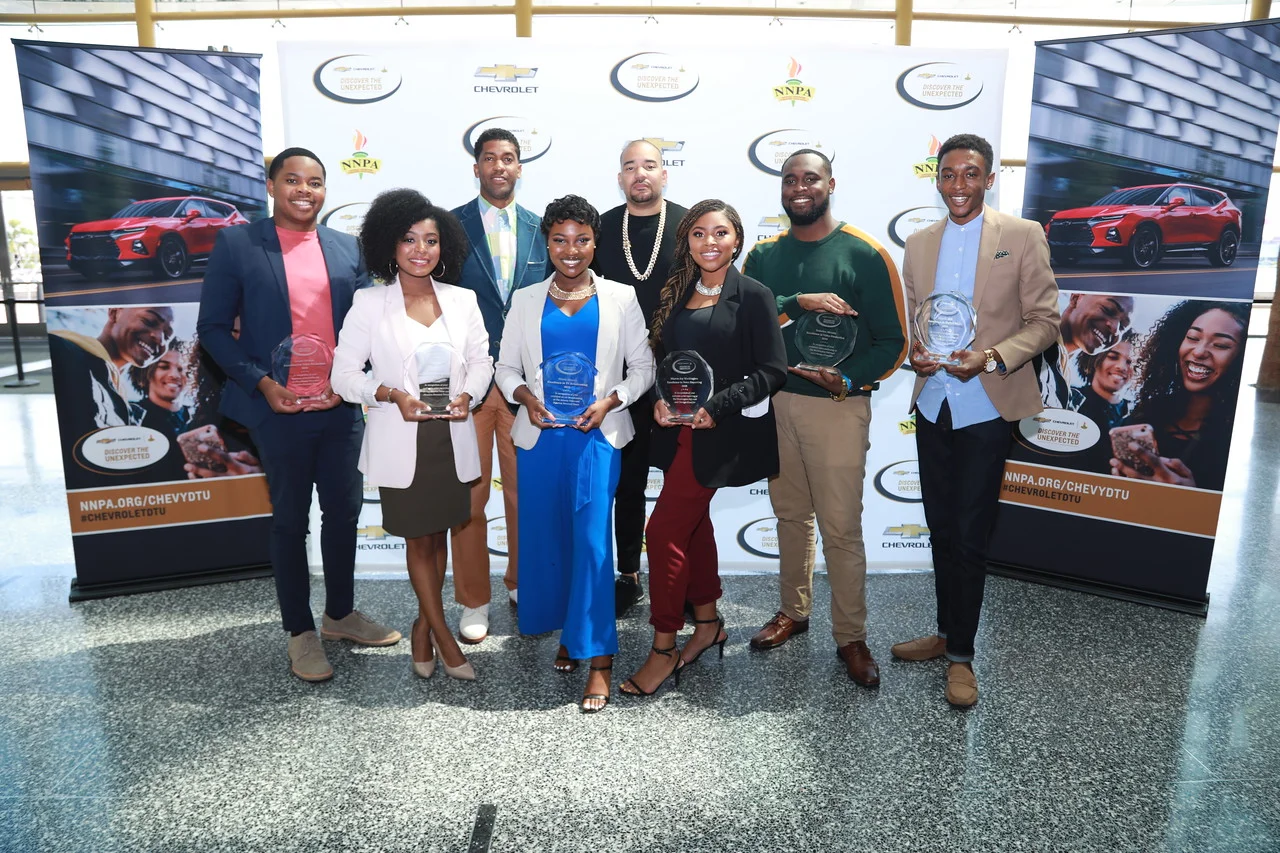 During the Discover the Unexpected Closing Ceremony, Chevrolet awarded six aspiring journalists with $10,000 scholarships and certificates of completion at General Motors World Headquarters. The 2019 DTU fellows included: (left to right): Emani Nichols (Morehouse College), Tyla Barnes (Hampton University), Miana Massey (Howard University), Sharon Joy Washington (Florida A&M), Tedarius Abrams (Bethune-Cookman University) and Elae Hill (North Carolina A&T) pictured alongside the DTU Advisor Fonzworth Bentley and Ambassador DJ Envy. In partnership with the National Newspapers Publishers Association, these fellows embarked on an 8-week road trip to discover and share positive stories within African American communities.