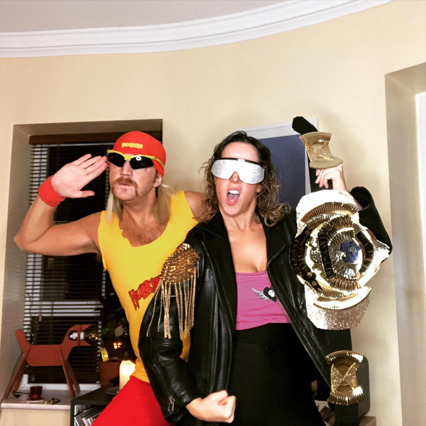 We basically built this whole look around @shanetob&lsquo;s moustache. I had a lot of time on my hands this week so it escalated wildly into making a wrestling belt out of gold paper plates and hand painting a hulkamania T-shirt. We then proceeded to
