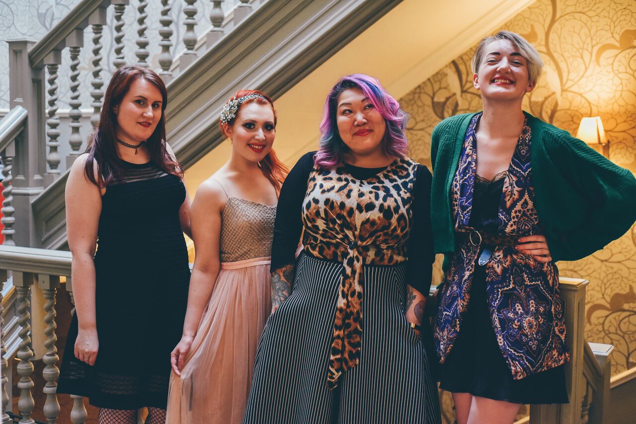 Morag wears Alice’s dress, Alice wears Lucie’s dress, Lucie wears Alice’s dress, Ruth wears Lucie’s dress and cardigan and Alice’s belt.