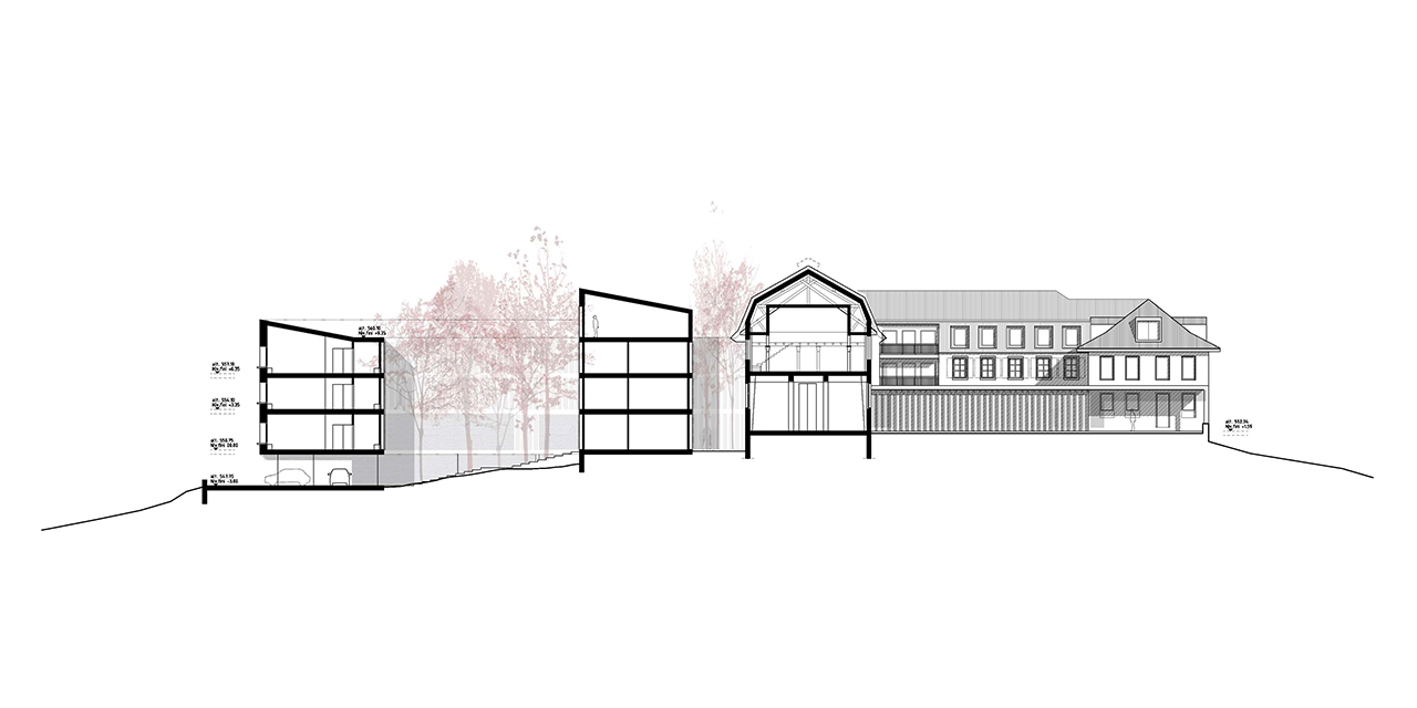 FR | Le plan de l’ensemble définit un schéma en forme de huit. Les nouvelles constructions: en forme de U pour le côté ouest et un bras tendu en ligne droite vers l'est, autour de l'ancien bâtiment définiront ce nouvel ensemble en forme de «huit». Avec ces interventions de repli on génère deux nouvelles cours qui vont organiser le programme et permettent de percevoir l’ensemble d’une manière compact et introvertie. Le projet veut être perçu dans le site comme un ensemble unitaire et hermétique. Une première approche nous invite à le voir comme un grand couvent ou une ancienne chartreuse médiévale, à l'intérieur de laquelle se déroule une ambiance presque monacale. Le but principal du projet est de réussir cette identité calme et silencieuse de ce type d’architectures du passé.