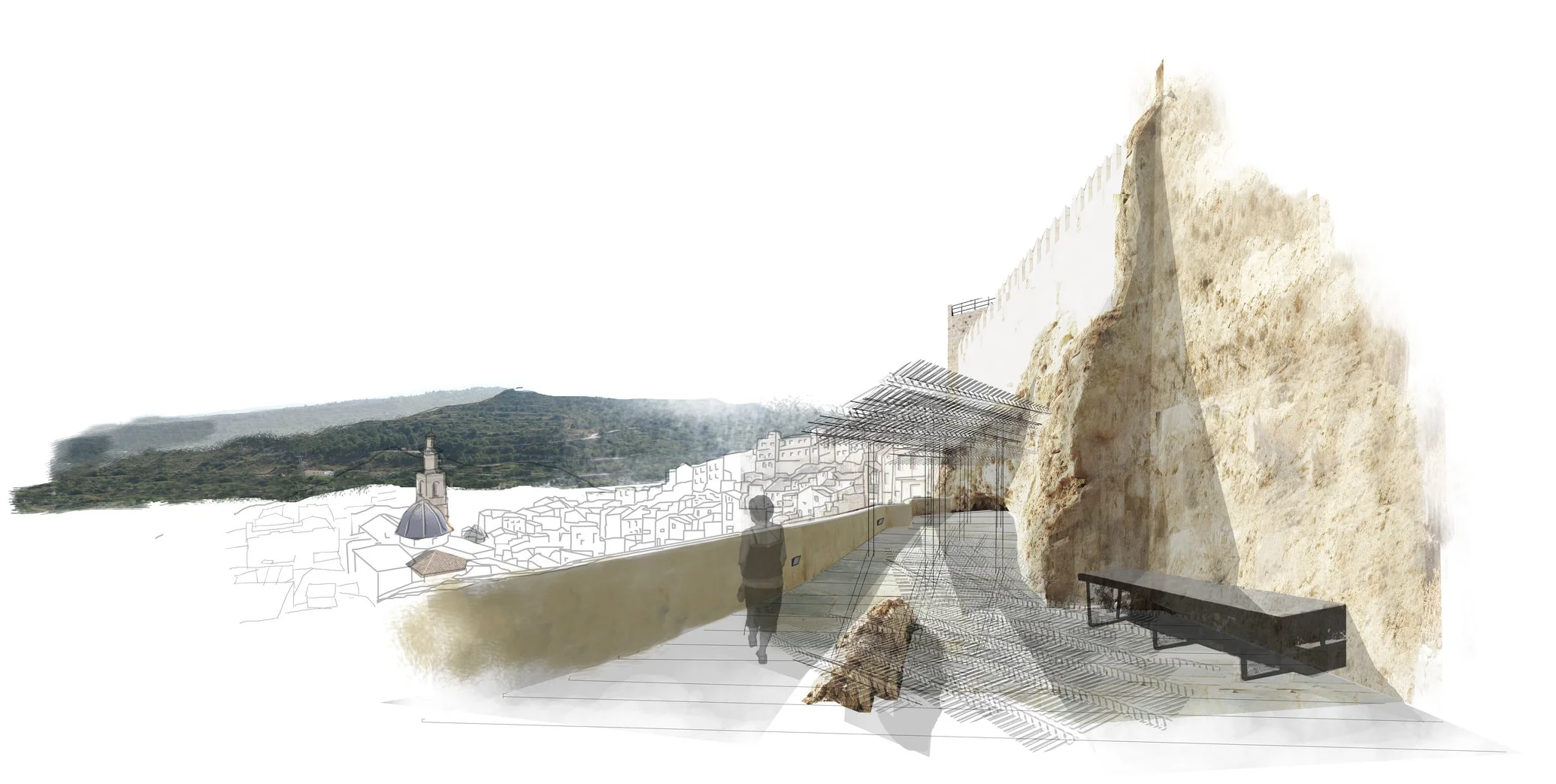 La memoria del lugar tanto territorial como del conjunto monumental son la base de la estrategia para la intervención en el entorno del castillo de Buñol. La propuesta nace de la idea de las ventas asociadas a los caminos históricos, como lugares de descanso, parada y encuentro de los viajeros. Con este fin se propone un recorrido principal, que actúa como hilo conductor enlazando diferentes espacios públicos históricos y territoriales . El recorrido propuesto se plantea desde una ruta más extensa dentro de la población que en laza la zona de las ventas, el castillo y el Parque de los Borrunes, con las nuevas intervenciones ejecutadas en el Parque de San Luis y el Parque Fluvial. El espacio urbano interior del castillo se considera parte de la secuencia de espacios que acompañan al recorrido que lo atraviesa. Se interpreta como lugar de encuentro y como mirador hacia el paisaje por su altitud respecto al entorno. Para su formalización se recuperan las líneas históricas que han dibujado el aspecto del castillo durante las diferentes épocas, desde su construcción como conjunto fortificado hasta su posterior ocupación popular.