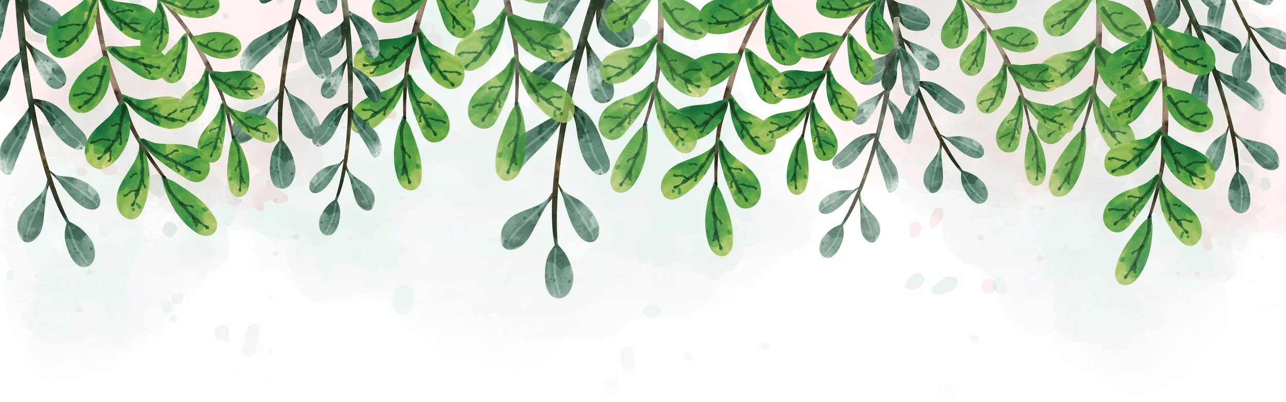 Watercolor illustration of green leaves hanging from branches at the top of the image.
